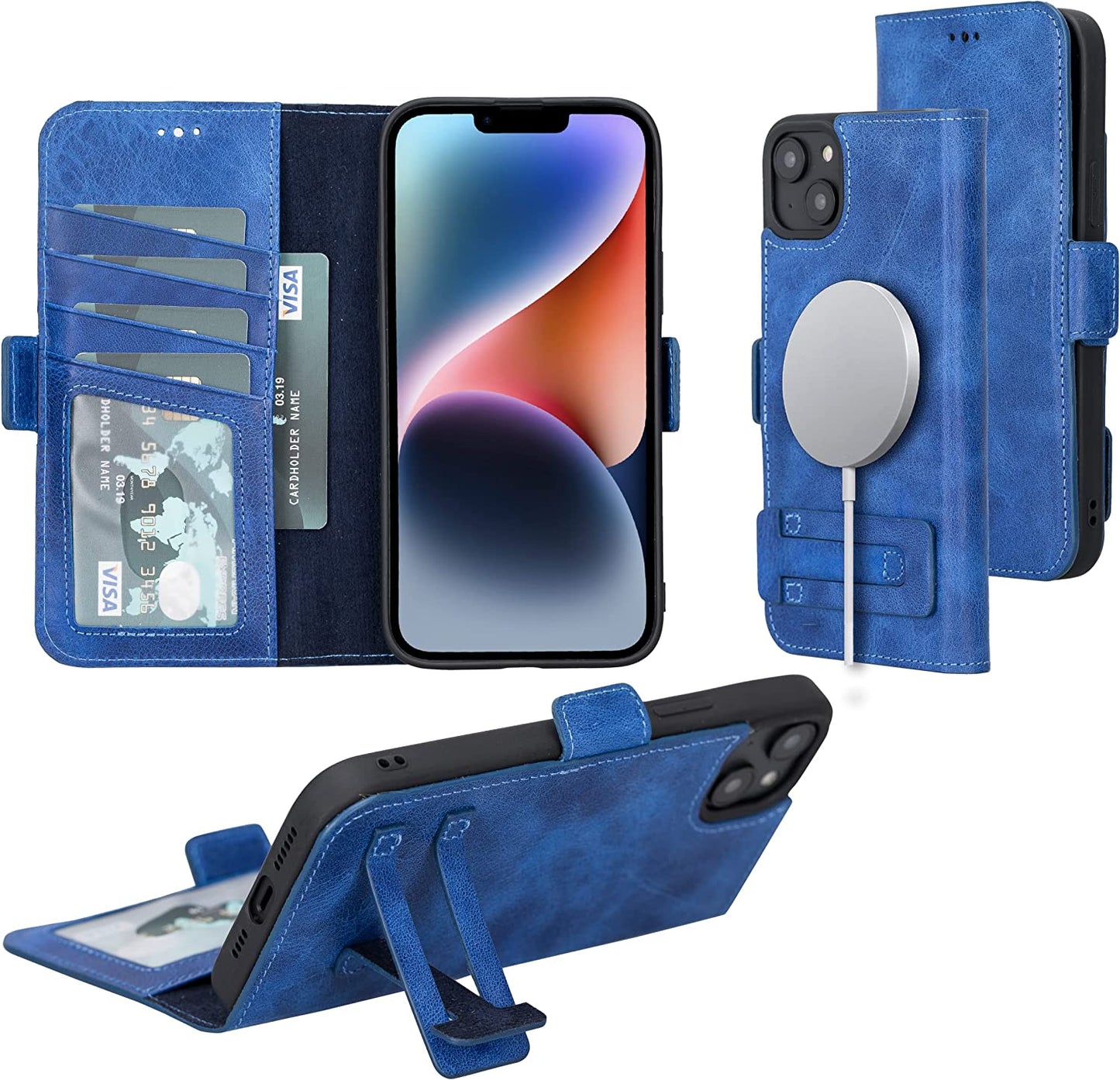 Bayelon Leather Wallet Case for Iphone 14 Pro Max - Flip Cover Card Holder Slots, Iphone 14 Pro Max Case Compatible with Apple Magsafe, Full Grain Leather Folio Case, Kickstand Function (A. Camel)  Bayelon Ocean Blue (14 Plus) iPhone 14 Plus (6.7") 