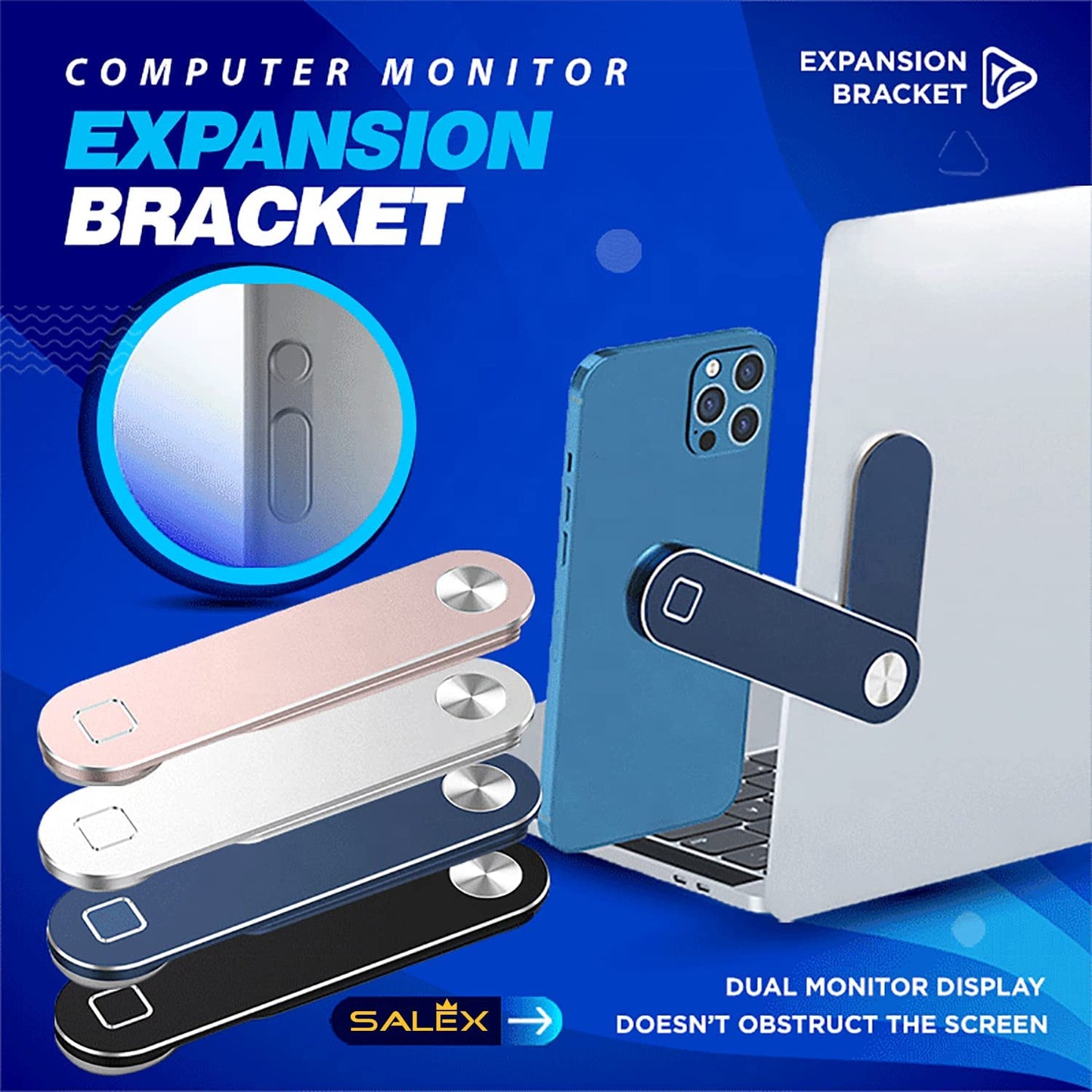 SALEX Laptop Phone Holder. Blue Magnetic Mobile Phone Adjustable Notebook Bracket with Side Mount Clip. Slim Foldable Office Computer Monitor Smartphone Stand. Swivel Magnet Universal Screen Cradle.  SALEX   