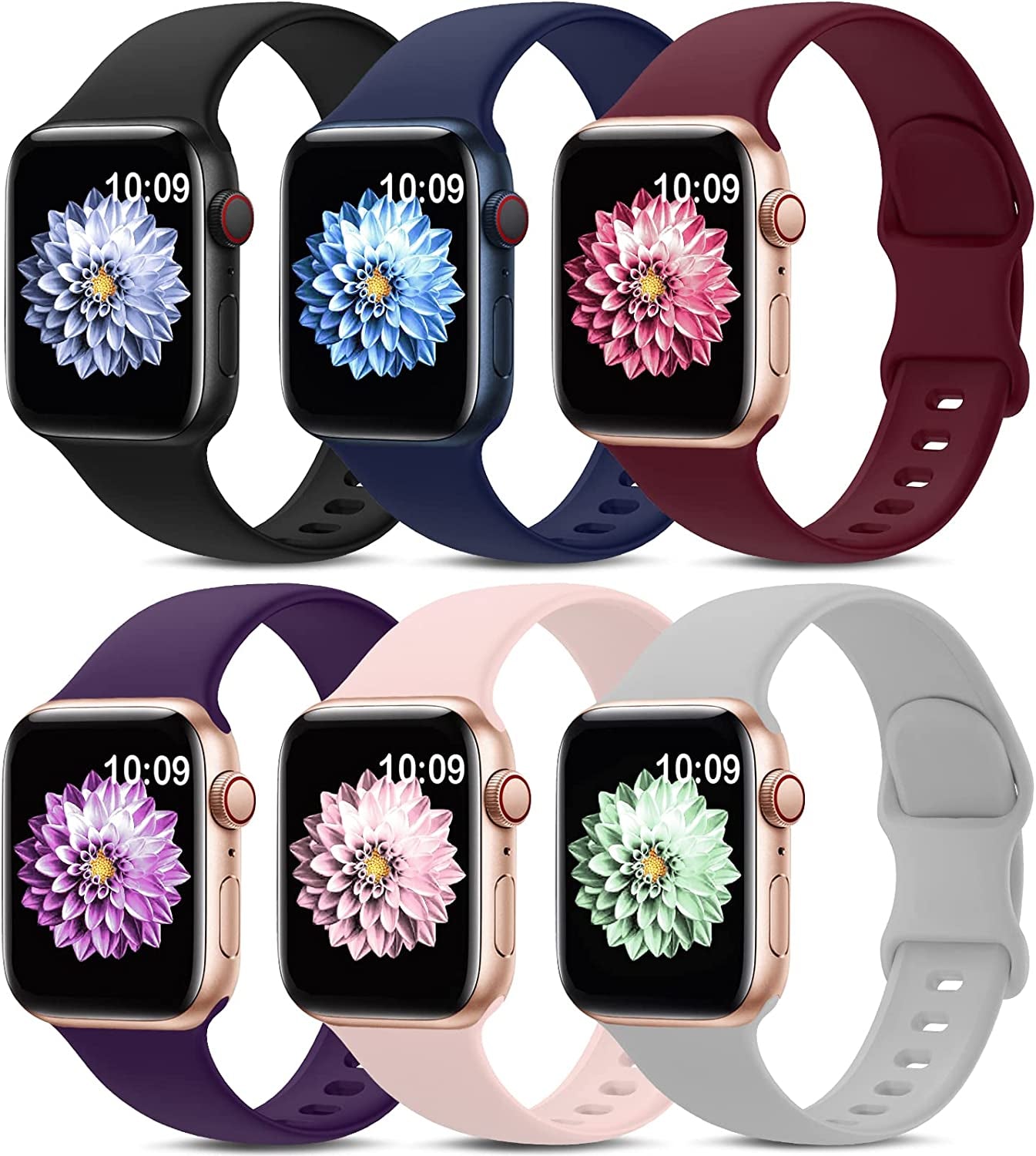 6 Pack Sport Bands Compatible with Apple Watch Band 38Mm 40Mm 41Mm 42Mm 44Mm 45Mm 49Mm,Soft Silicone Waterproof Strap Compatible with Iwatch Apple Watch Series Ultra 8 7 6 5 4 3 2 1 SE Women Men  AMSKY Black/Navy Blue/Wine Red/Pink Sand/Dark Purple/Grey 38/40/41 mm 