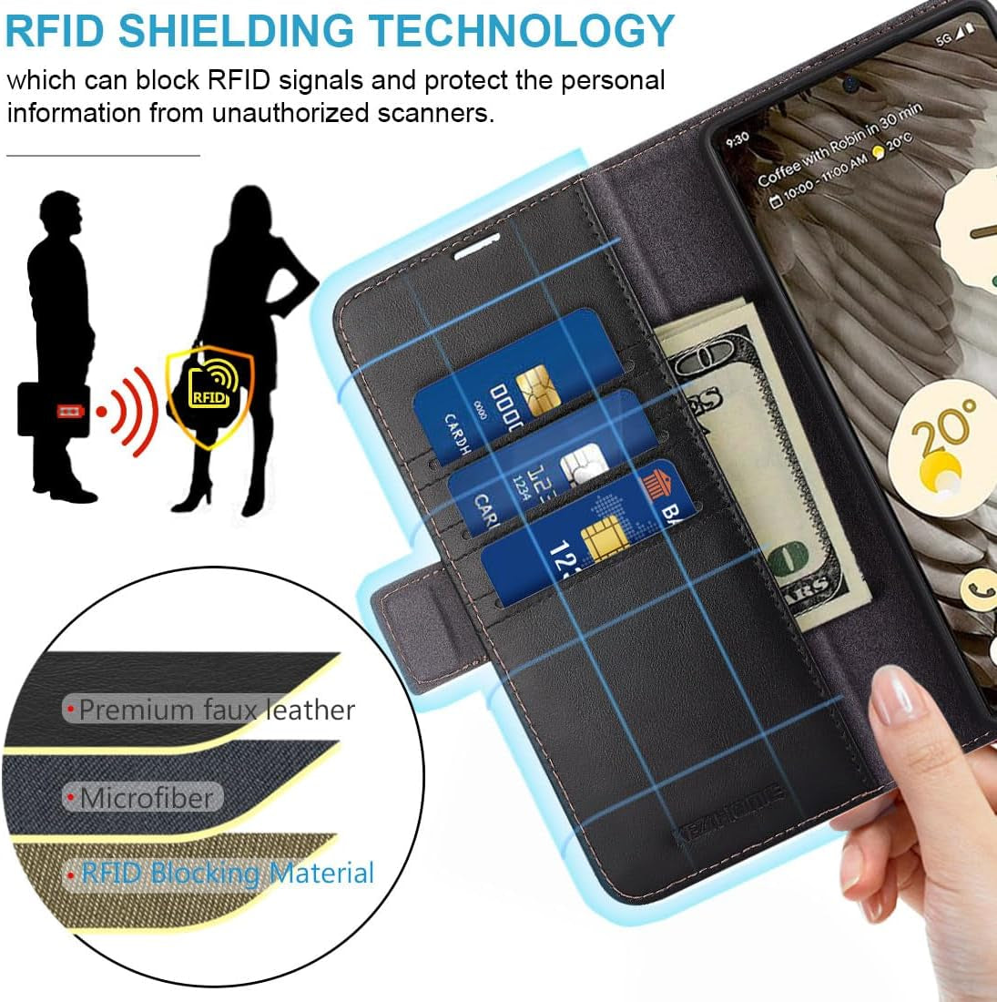 Kezihome Case for Google Pixel 8, Genuine Leather [RFID Blocking] Wallet Case with Card Holder Kickstand Flip Heavy Duty Protective Phone Cover for Google Pixel 8 5G (Black/Brown)  KEZiHOME   