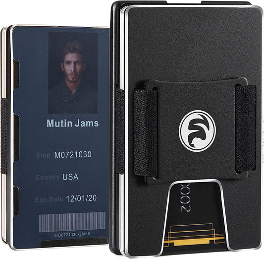 Men Minimalist Metal Wallet with ID Window Money Clip | Slim Front Pocket RFID Blocking Aluminum EDC Tactical Wallets with Cash Strap | Personalized Mini Multifunction Card Holder for Travel Business  FeiYen   