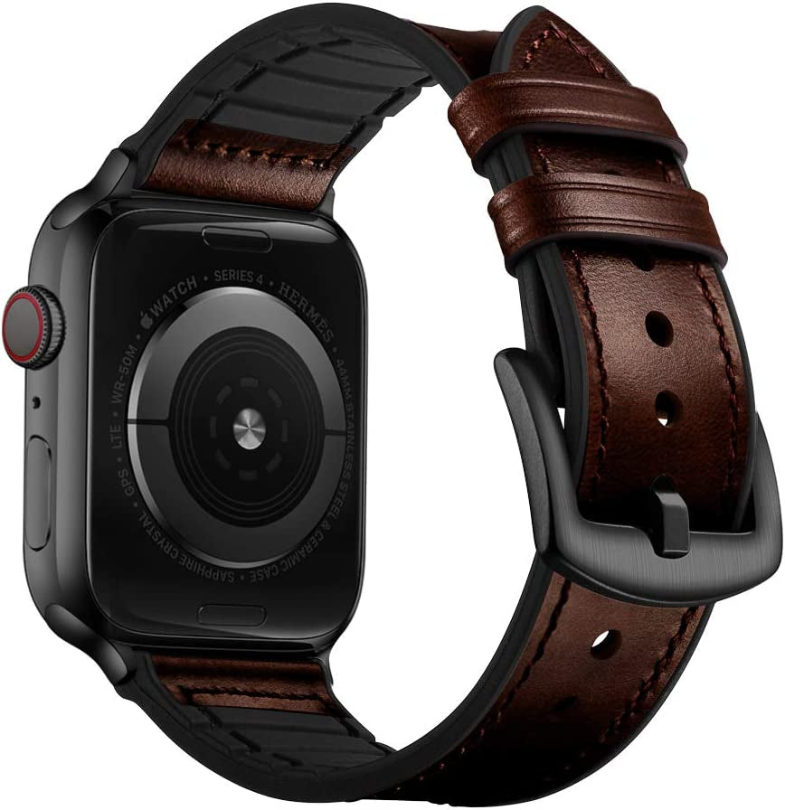 OUHENG Compatible with Apple Watch Band 49Mm 45Mm 44Mm 42Mm, Sweatproof Genuine Leather and Rubber Hybrid Band Strap for Iwatch Ultra Series 8 7 6 5 4 3 2 1 SE2 SE, Brown Band with Black Adapter  OUHENG Chocolate Brown/Black 41mm/40mm/38mm 