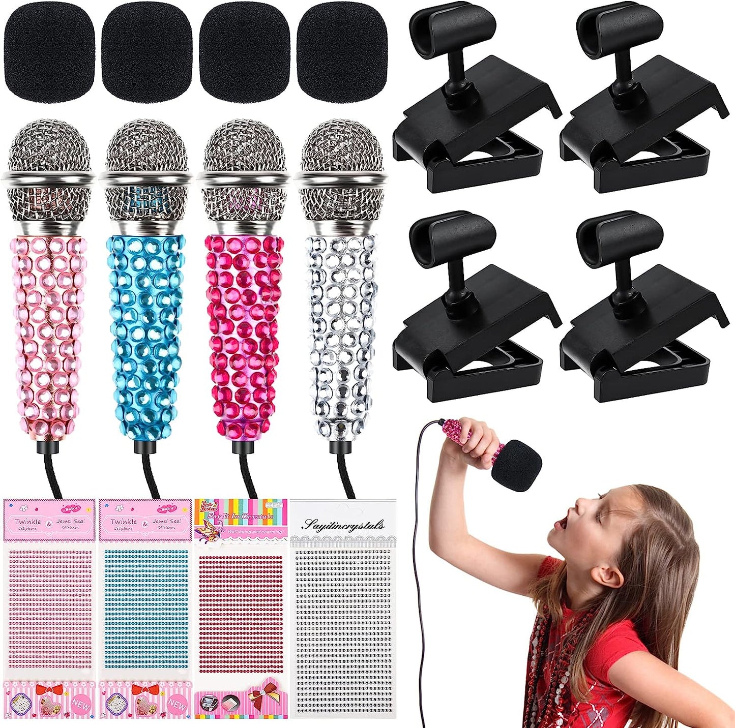 4PCS Mini Microphone Portable Vocal Instrument Tiny Microphone Asmr Karaoke Microphone with Clip Stand | 4 PCS Rhinestone Stickers | 3.5Mm Audio Connector for Iphone Android Smart Phone Laptop  Yoiemivy   