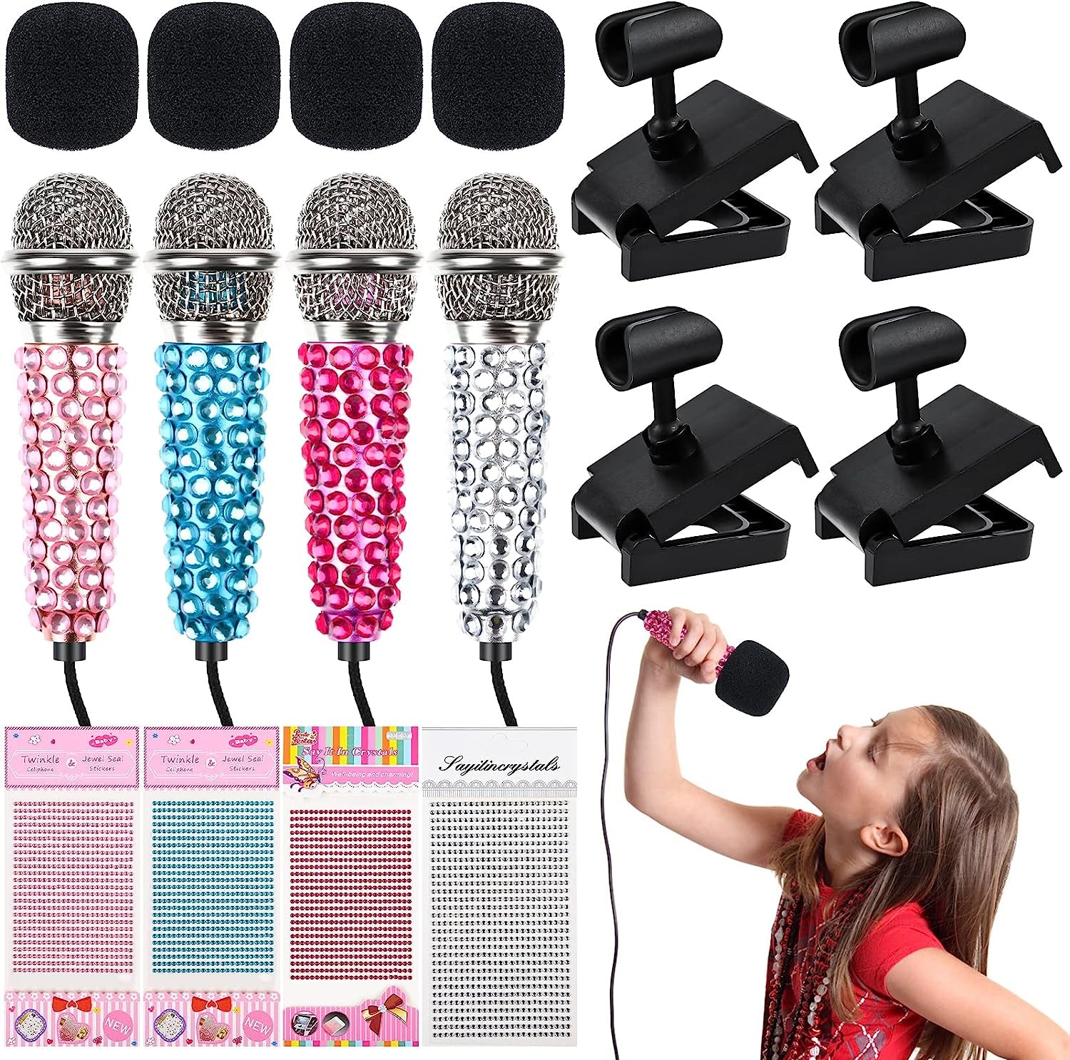 4PCS Mini Microphone Portable Vocal Instrument Tiny Microphone Asmr Karaoke Microphone with Clip Stand | 4 PCS Rhinestone Stickers | 3.5Mm Audio Connector for Iphone Android Smart Phone Laptop  Yoiemivy   