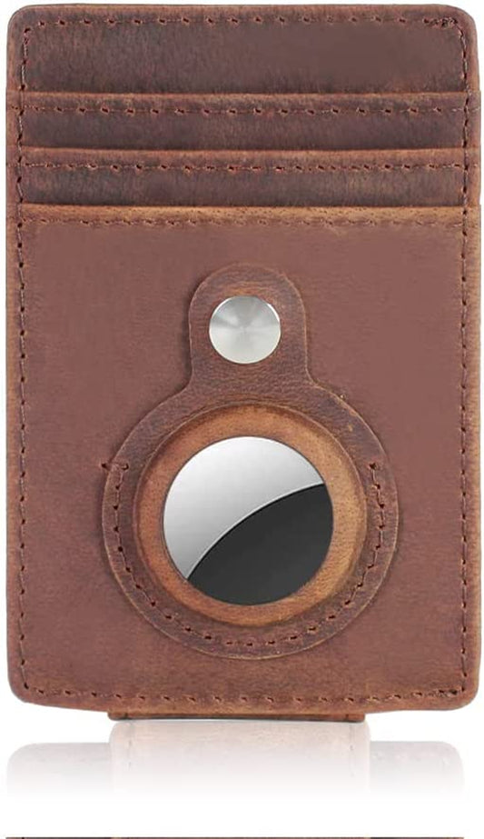 Isamzan Airtag Wallet Credit Card Holder ,Slim Minimalist Genuine Leather Wallet with Money Clip Men Multifunctional RFID Blocking Front Pocket Wallets for Apple Air Tag Keychain(Dark Brown)  iSamzan   