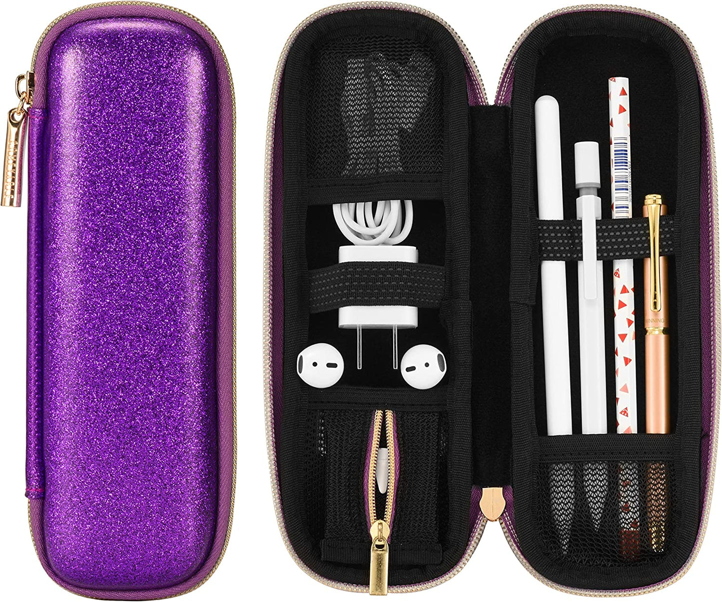 Comfyable Pencil Holder Pencil Case for Apple Pencil, Pen Accessories Elastic Strap Sleeve Protective Carrying Case for USB Cable Airpods with Mesh Pockets, Purple Glitter  Comfyable   