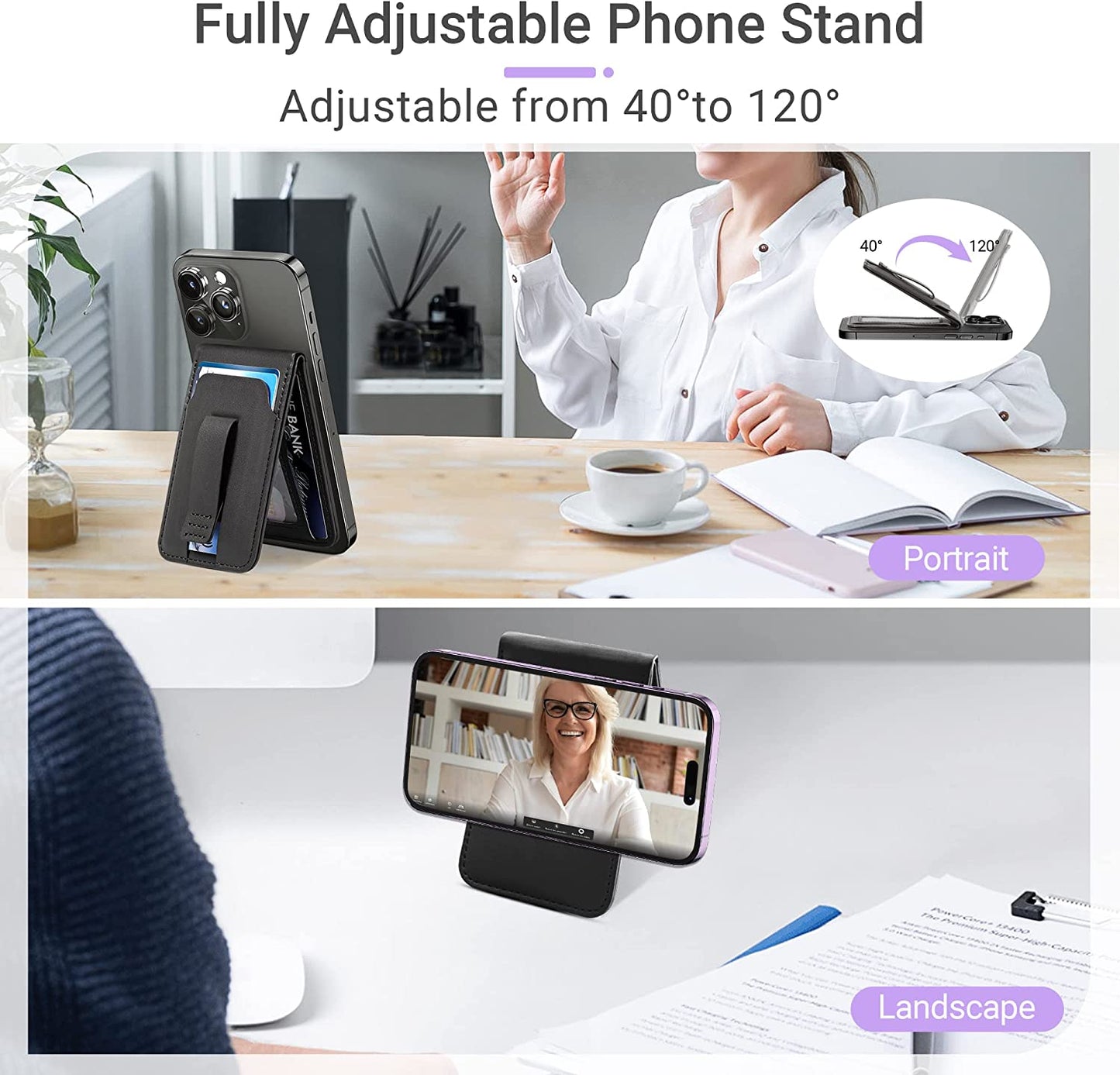 Magsafe Phone Wallet Card Holder: Magnetic Apple Wallet and Adjustable Phone Stand for Iphone 14/13/12 Series, 4 Cards Holder, Grip Finger Loop, Vegan Leather, Black (Not for Iphone 13 Mini/12 Mini)  Huogantom   