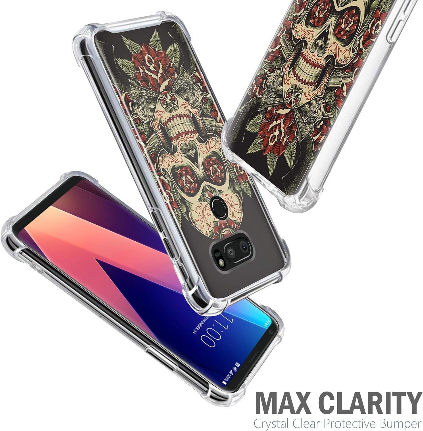 Casesondeck Fitted Case Compatible with [LG V30S Thinq and LG V30] Full Body Clear Bumper Case Slim Fitted Unique Cover (Rose Skull)  CasesonDeck   