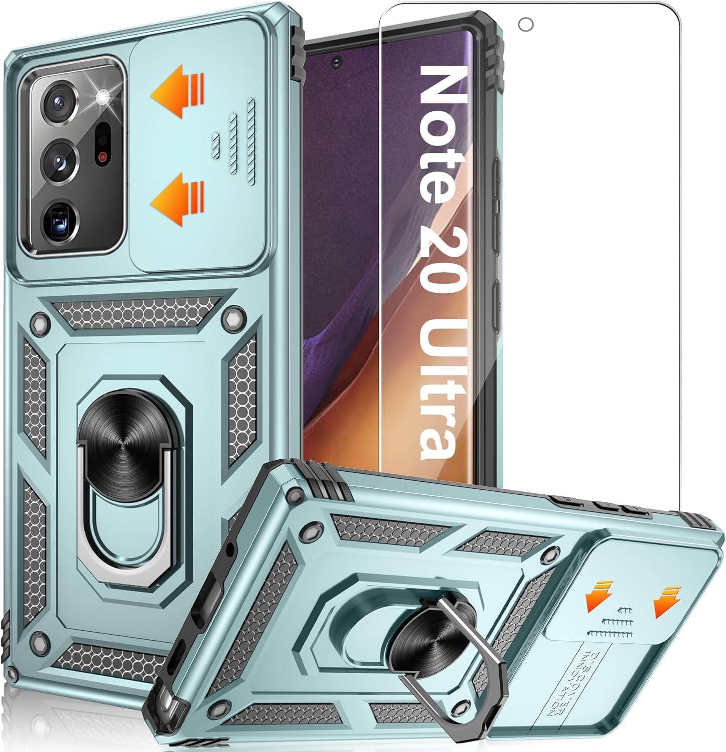 ATUMP for Samsung Galaxy Note 20 Ultra Case with HD Screen Protector, Build in 360° Rotating Ring Kickstand [Military Grade] Protective Case for Galaxy Note 20 Ultra, Black  Atump Green  