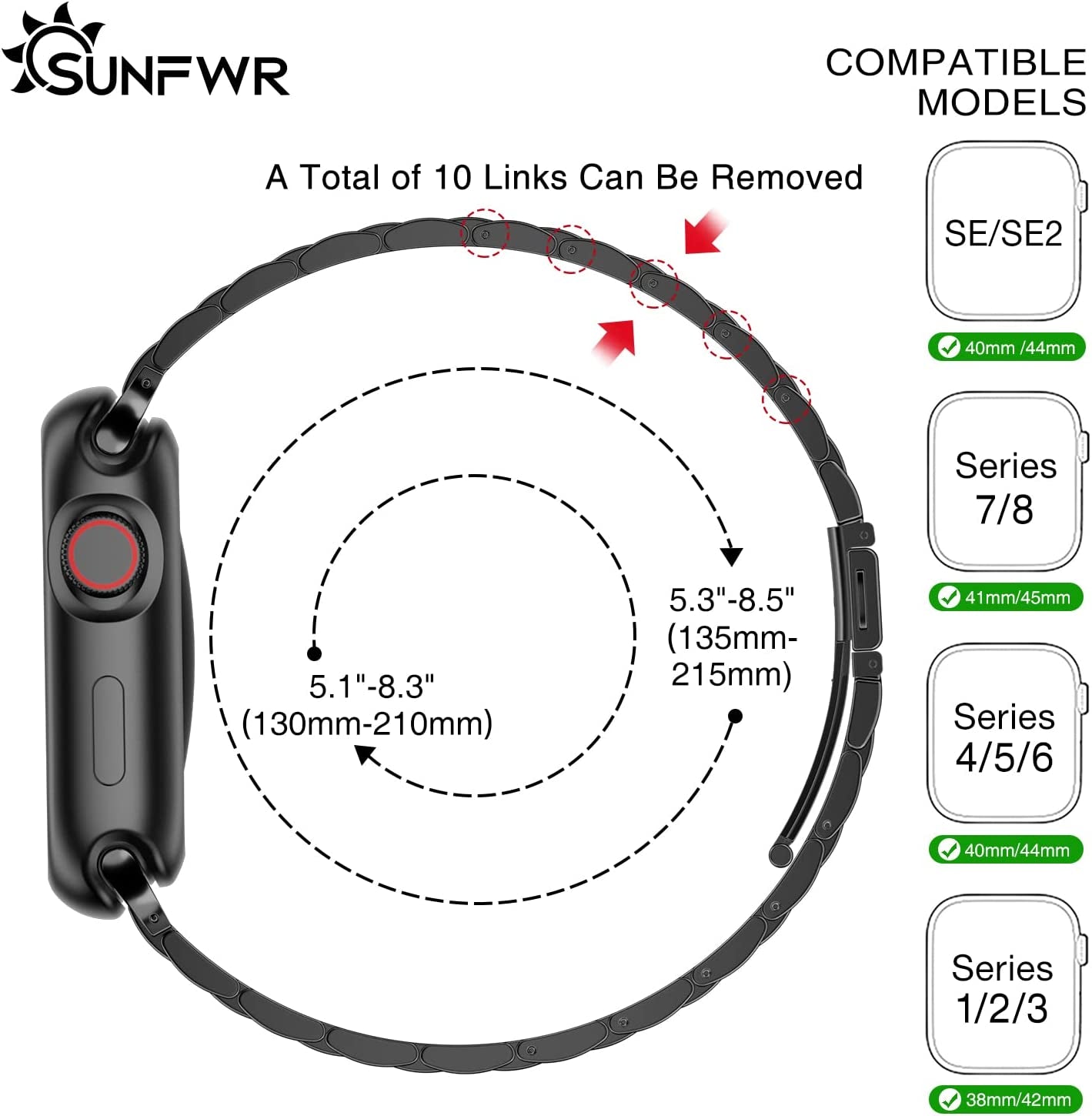 SUNFWR Compatible with Apple Watch Band 45Mm 44Mm 42Mm for Men Women, Stainless Steel Metal Iwatch Band with Case for Apple Watch Series 8/7/6/5/4/3/2/1/SE/SE2 (Black, 42Mm/44Mm/45Mm)  SUNFWR   