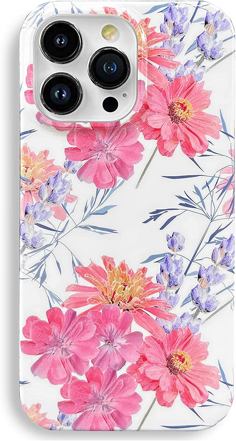 J.West Compatible with Iphone 14 Pro Max Case Soft Shockproof Cute Floral Phone Protective Cover for Women, Garden Flower Pattern Design Slim Fit Anti-Scratch 6.7" Phone Case for Girl  J.west Purple Pink  
