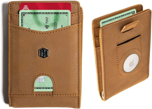 Hayvenhurst Airtag Wallet Holder - Minimalist Slim Front Pocket Wallet - Airtags Holder Accessories for Men - Genuine Leather Cash Credit Card Bifold Wallet for Air Tag GPS Tracker  Hayvenhurst   