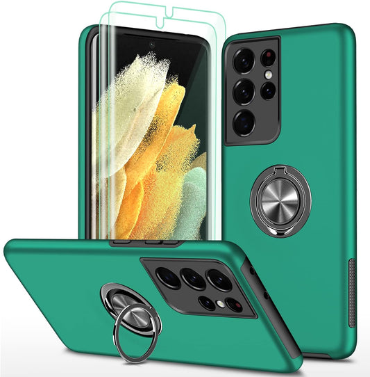 HONG-AMY for S21 Ultra Case, Samsung Galaxy S21 Ultra Case with Self Healing Flexible TPU Screen Protector[2 Pack], Military Grade Invisible Kickstand Phone Case for Galaxy S21 Ultra 5G-Green  HONG-AMY   
