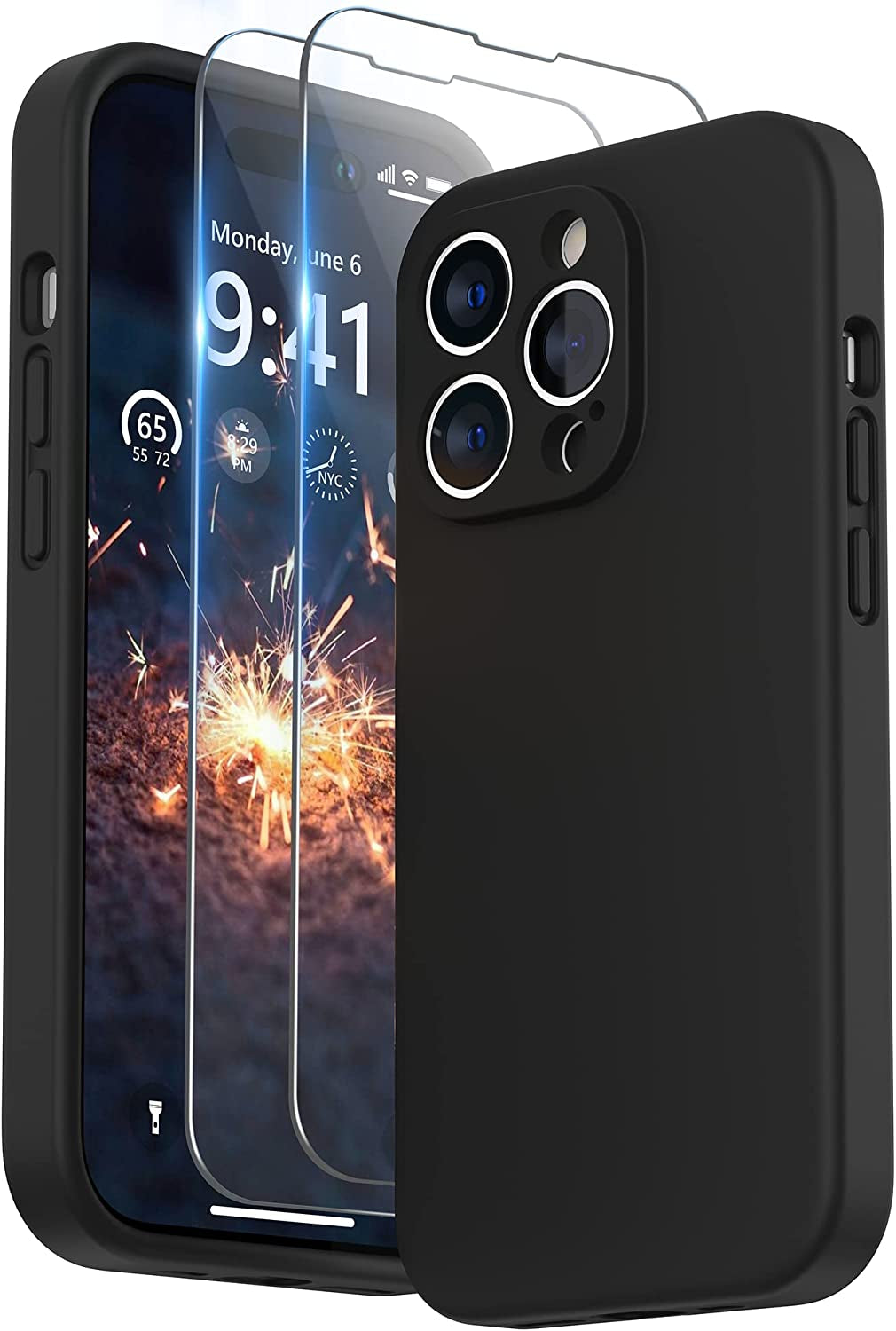 SURPHY Designed for Iphone 14 Pro Case with Screen Protector, (Camera Protection + Soft Microfiber Lining) Liquid Silicone Phone Case, Cactus Green  SURPHY Black  