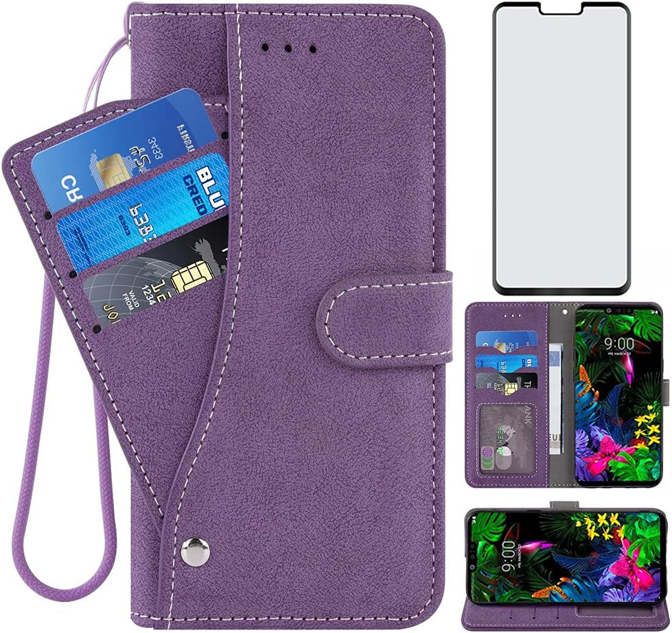 Asuwish Compatible with LG G8 Thinq Wallet Case and Tempered Glass Screen Protector Flip Cover Credit Card Holder Stand Cell Accessories Phone Cases for LGG8 Thin Q G 8 LG8 G8Thinq Lgg8Thinq 8G Blue  NSS Purple  