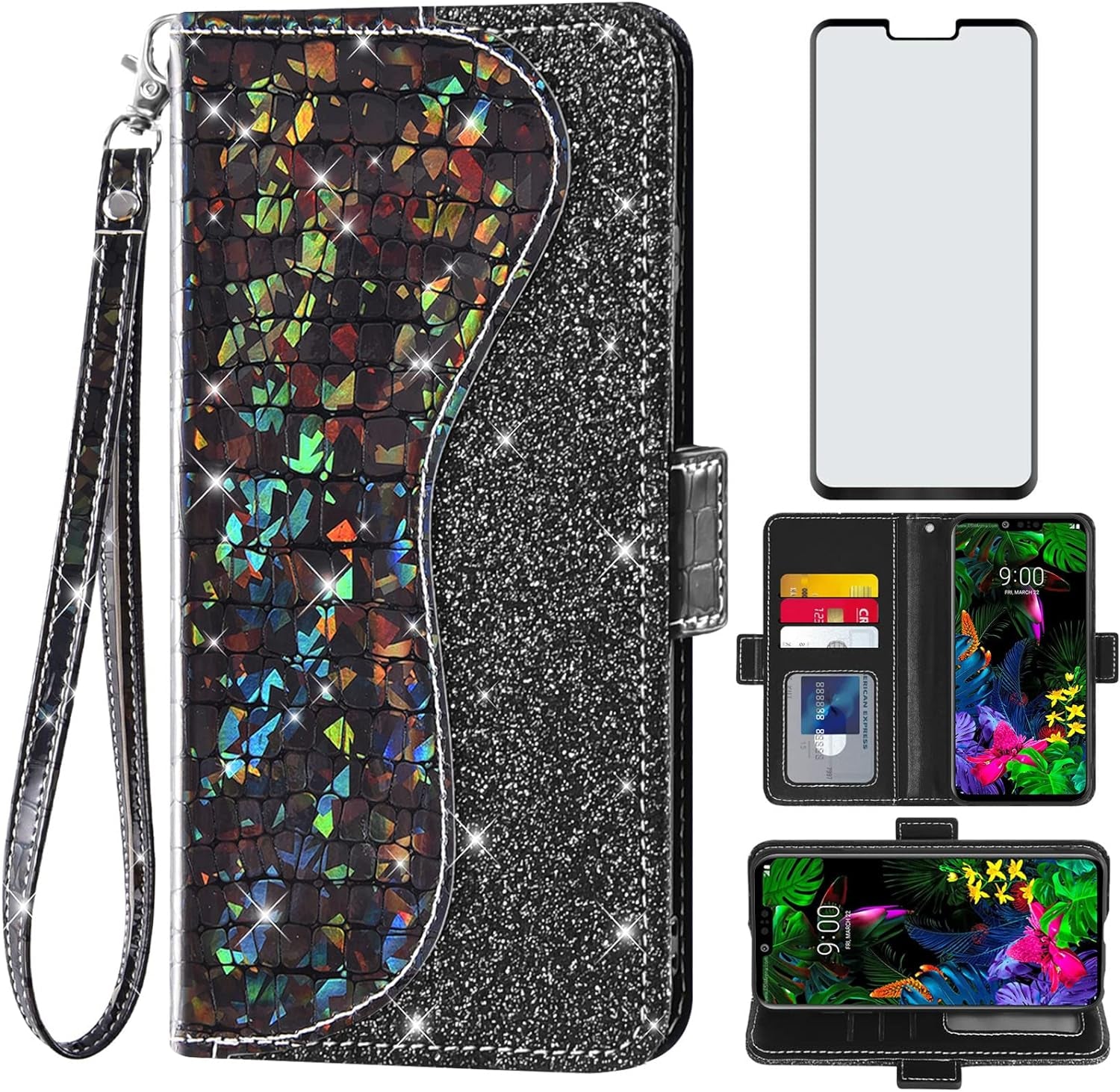 Asuwish Phone Case for LG G8 Thinq Wallet Cover with Screen Protector and Wrist Strap Flip Credit Card Holder Bling Glitter Stand Cell LGG8 Thin Q G 8 LG8 G8Thinq Lgg8Thinq 8G Women Girls Silver  Asuwish Black For Lg G8 Thinq / G8 