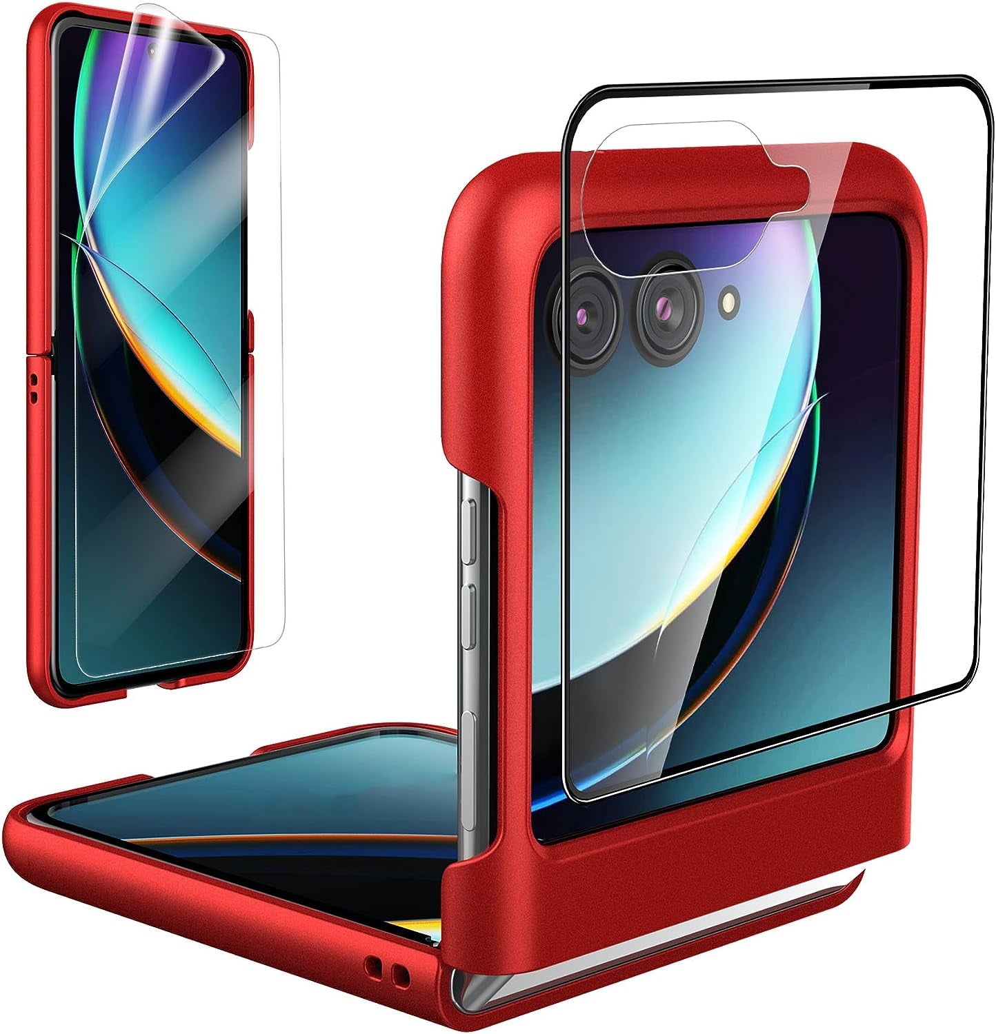 Foluu Slim Fit Case for Motorola Razr plus 2023, with 1 Pack Soft Inner TPU Moto Razr plus 2023 Screen Protector, 1 Pack Front Built-In Screen Protector, Matte PC Cover for Motorola Razr+ 2023 Blue  Foluu With Screen Protector-Red  