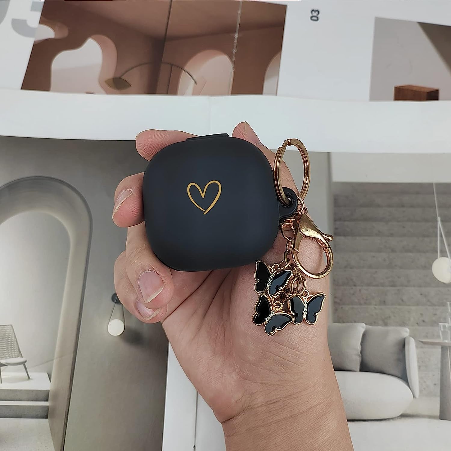 AIIEKZ Compatible with Samsung Galaxy Buds 2 / Buds Pro/Buds Live/Buds 2 Pro, Soft Silicone Case with Gold Heart Pattern with Cute Butterfly Keychain for Girls Women (Black)  AIIEKZ   