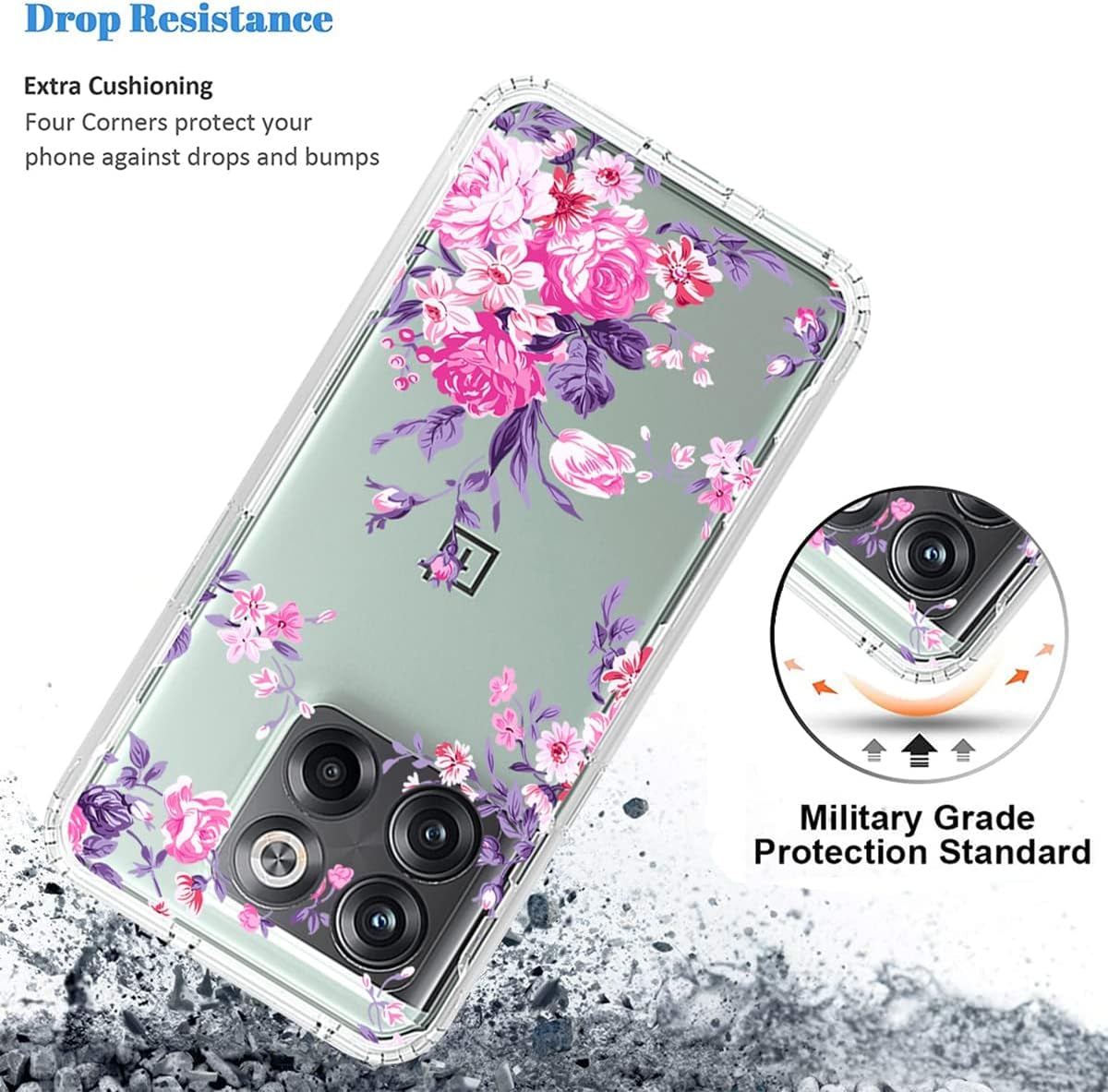 Vokuha Case for Oneplus 10T 5G/Oneplus Ace Pro Case, CPH2415 Case with Tempered Glass Screen Protector, Floral Crystal Clear TPU Shockproof Protective Armor Cover for Oneplus 10T 5G (Rose Flower)  Vokuha   