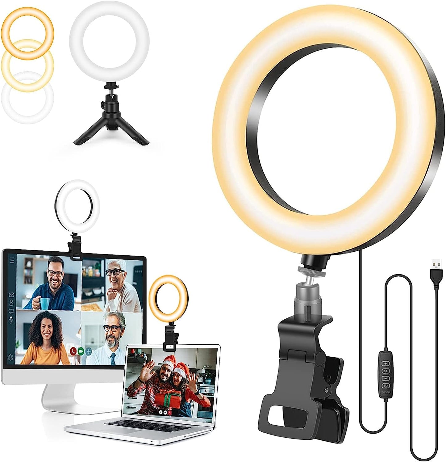 Ring Light for Computer Laptop,Video Conference Lighting Kit for Zoom Meetings,5" Small Led Selfie Light Portable Ring Light with Stand,Cell Phone Holder Desktop Ring Light for Skype Call  Evershop Deep balck  