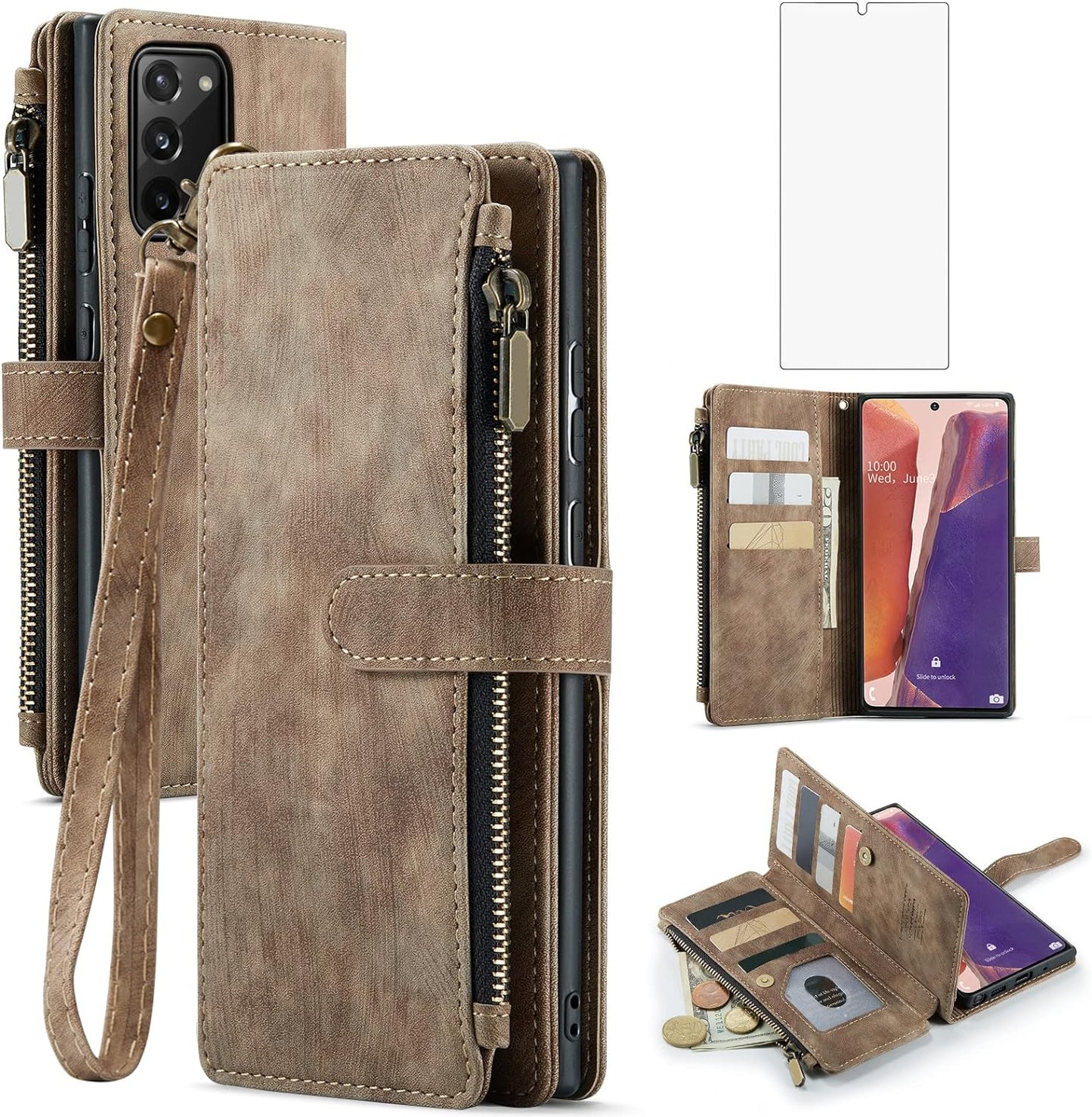 Asuwish Phone Case for Samsung Galaxy Note 20 Glaxay Note20 5G Wallet Cover and Tempered Glass Screen Protector Flip Credit Card Holder Cell Accessories Gaxaly Notes 20S Twenty Not S20 Women Men Brown  Asuwish   