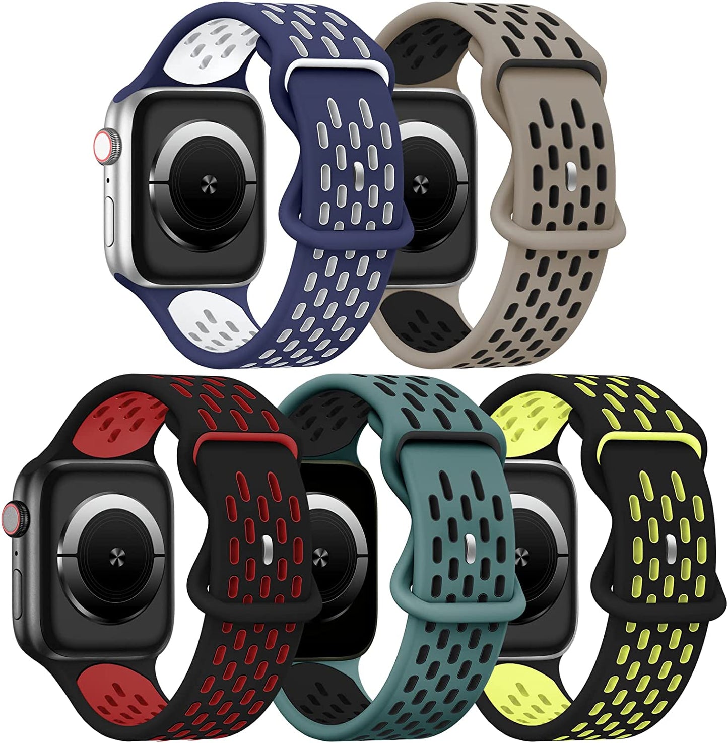 TSAAGAN 5 Pack Sport Silicone Bands Compatible for Apple Watch Band 49Mm 41Mm 45Mm 40Mm 44Mm 38Mm 42Mm, Breathable Strap Replacement Wristband for Iwatch Ultra Series 8/7/SE/6/5/4/3/2/1 Women & Men  TSAAGAN Blue White/Stone Black/Black Red/Cactus Black/Black Green 38/40/41mm 