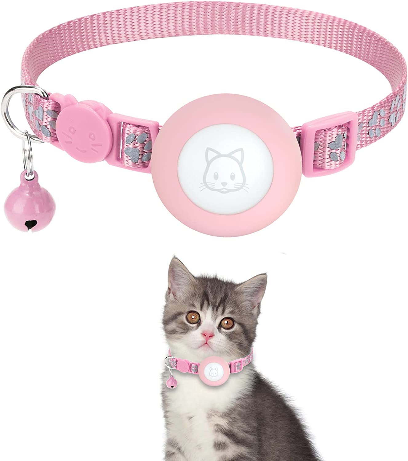 Airtag Cat Collar with Breakaway Bell, Reflective Paw Pattern Strap with Air Tag Case for Cat Kitten and Extra Small Dog (Pink Reflective Paw)  Kuaguozhe US   