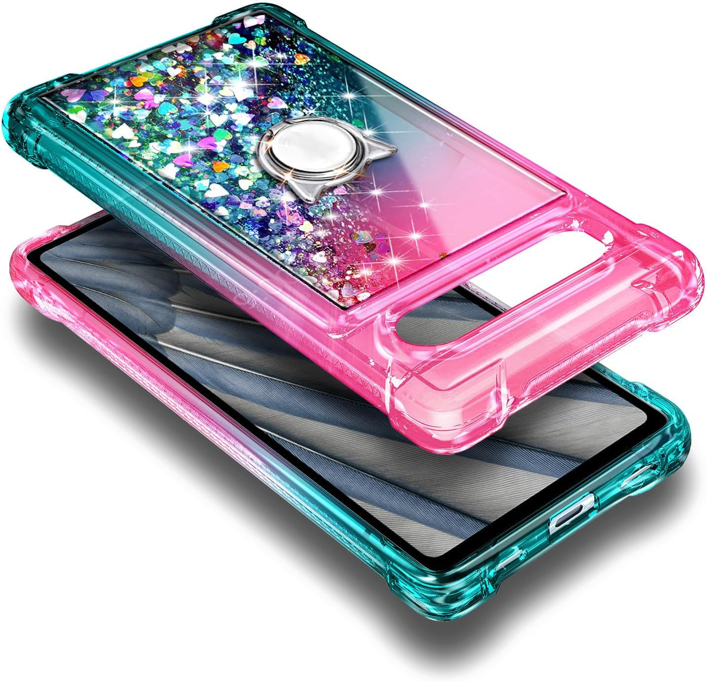 NZND Compatible with Google Pixel 7A (2023) with Tempered Glass Screen Protector, Ring Holder/Wrist Strap, Glitter Liquid Floating Waterfall Durable Girls Women Cute Phone Case (Pink/Aqua)  NZND   