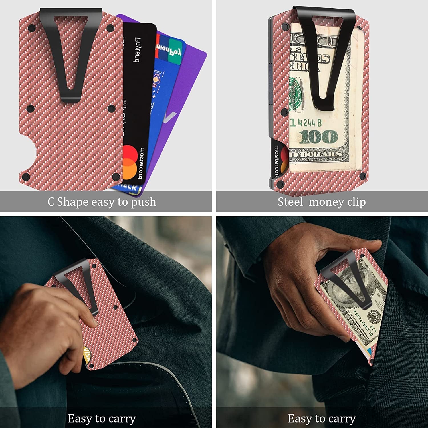 Mvgges Slim Minimalist Wallet for Men, RFID Blocking Aluminum Credit Card Holder, Carbon Fiber Men'S Wallet with Money Clip (Pink)  mvgges   