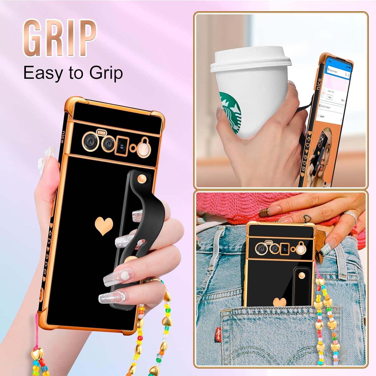 Likiyami (3In1 for Google Pixel 6 Pro Case 5G Heart for Women Girls Girly Cute Luxury Pretty with Stand Phone Cases Black and Gold Love Hearts Aesthetic Cover+Screen+Chain for Google Pixel 6 Pro 6.7"  Likiyami   