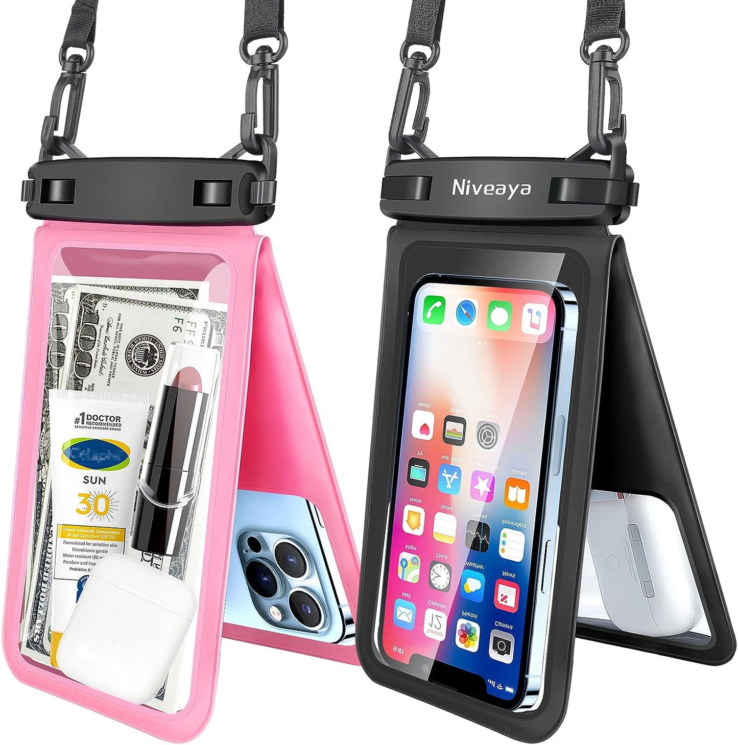 Niveaya Double Space Waterproof Phone Pouch - 2 Pack, Waterproof Phone Lanyard Case with Iphone 15/14/13/12/ Pro Max/Pro/8 Plus, Galaxy S22/S21/S20/S10/Note 20/10/9 up to 7", Dry Bag for Vacation.  Niveaya   