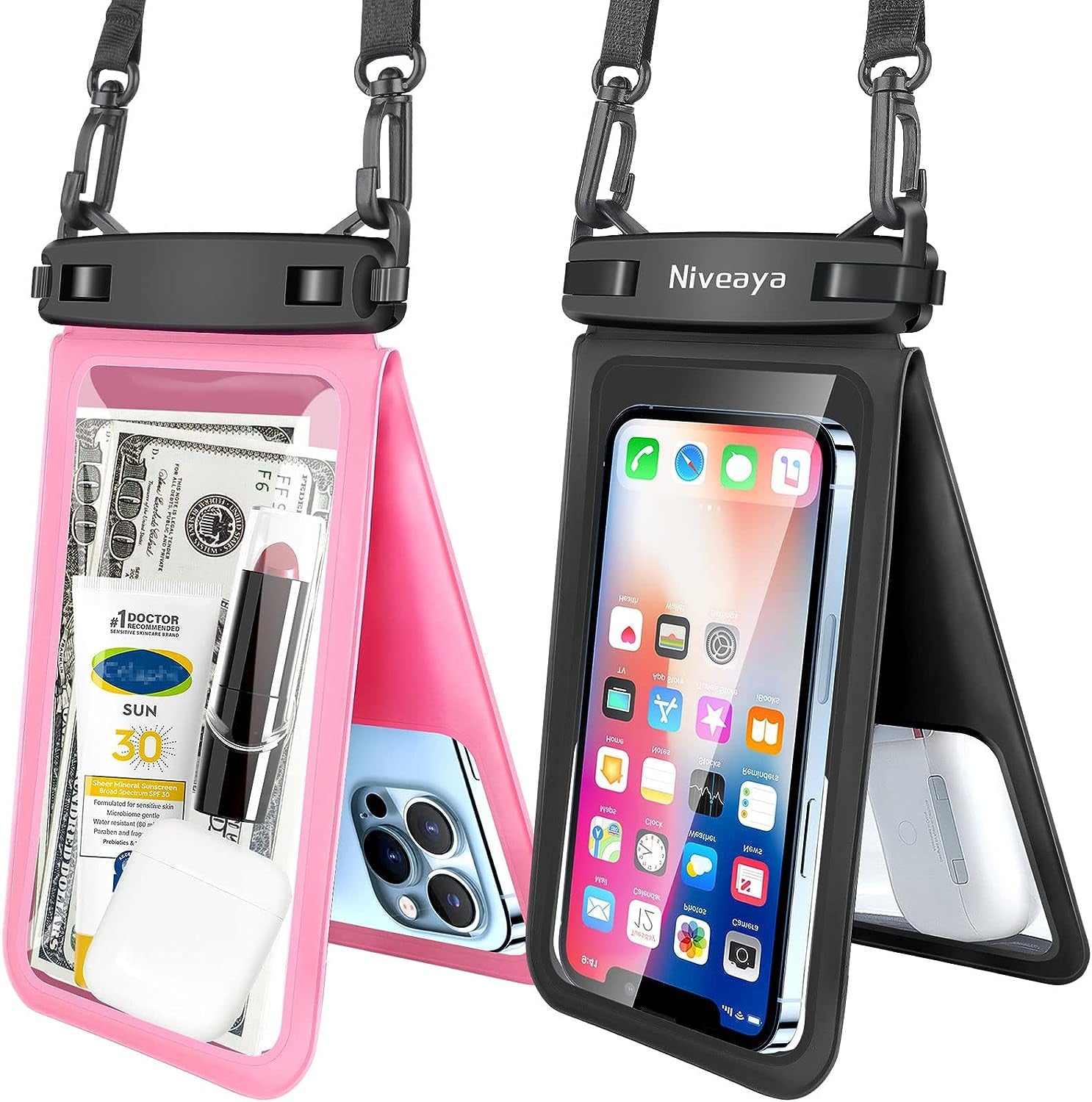 Niveaya Double Space Waterproof Phone Pouch - 2 Pack, Waterproof Phone Lanyard Case with Iphone 15/14/13/12/ Pro Max/Pro/8 Plus, Galaxy S22/S21/S20/S10/Note 20/10/9 up to 7", Dry Bag for Vacation.  Niveaya   