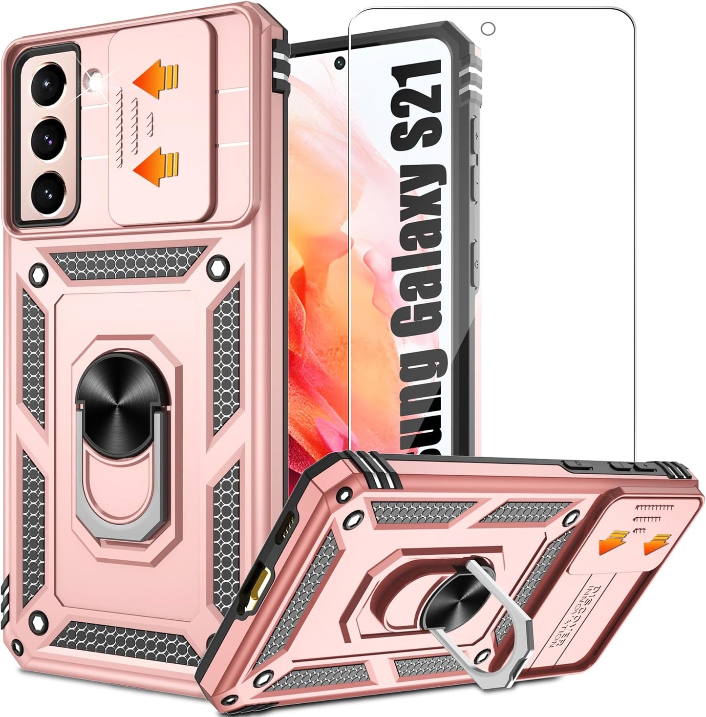 ATUMP for Galaxy S21 Case with HD Screen Protector, Build in 360° Magnetic Ring Holder Kickstand [Military Grade] Protective Case for Samsung Galaxy S21 Case 5G,Rose Gold  Atump   