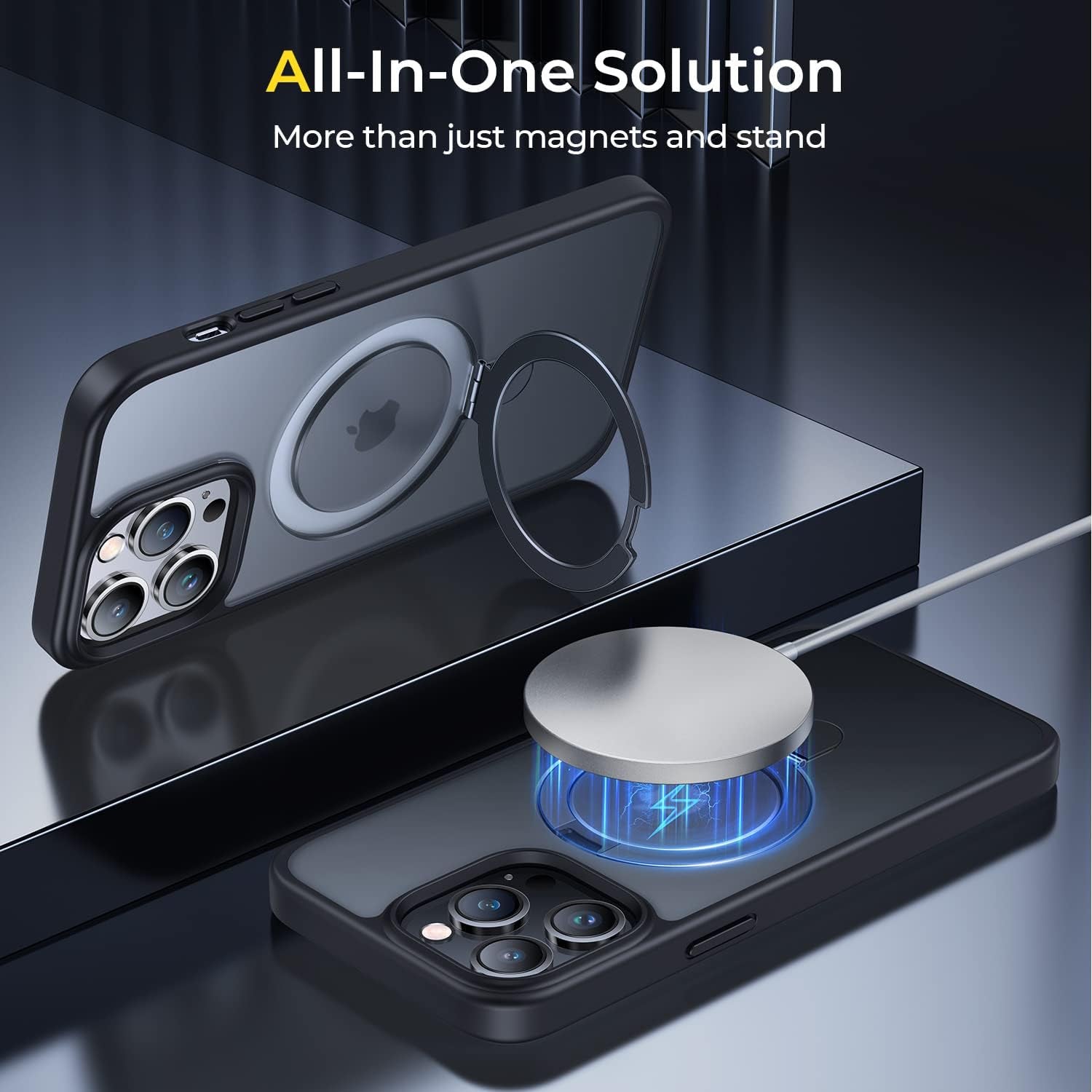 Simtect Iphone 14 Pro Max Case: Magnetic Invisible Stand, Military Grade Shockproof, Magsafe Compatible, Slim Translucent Matte Black Bumper  Simtect   