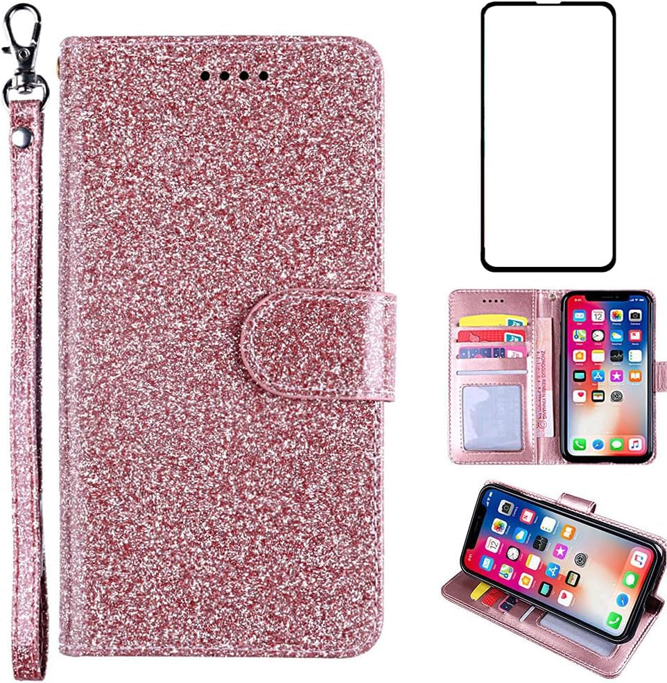 Asuwish Compatible with LG G7 Thinq Glitter Wallet Case and Tempered Glass Screen Protector Holder Slot Stand Phone Cases for LGG7 One G 7 plus LG7 Fit Lg7Thinq 7G Thin Q G7+ G7Thinq Lgg7Thinq Red  Asuwish Pink  