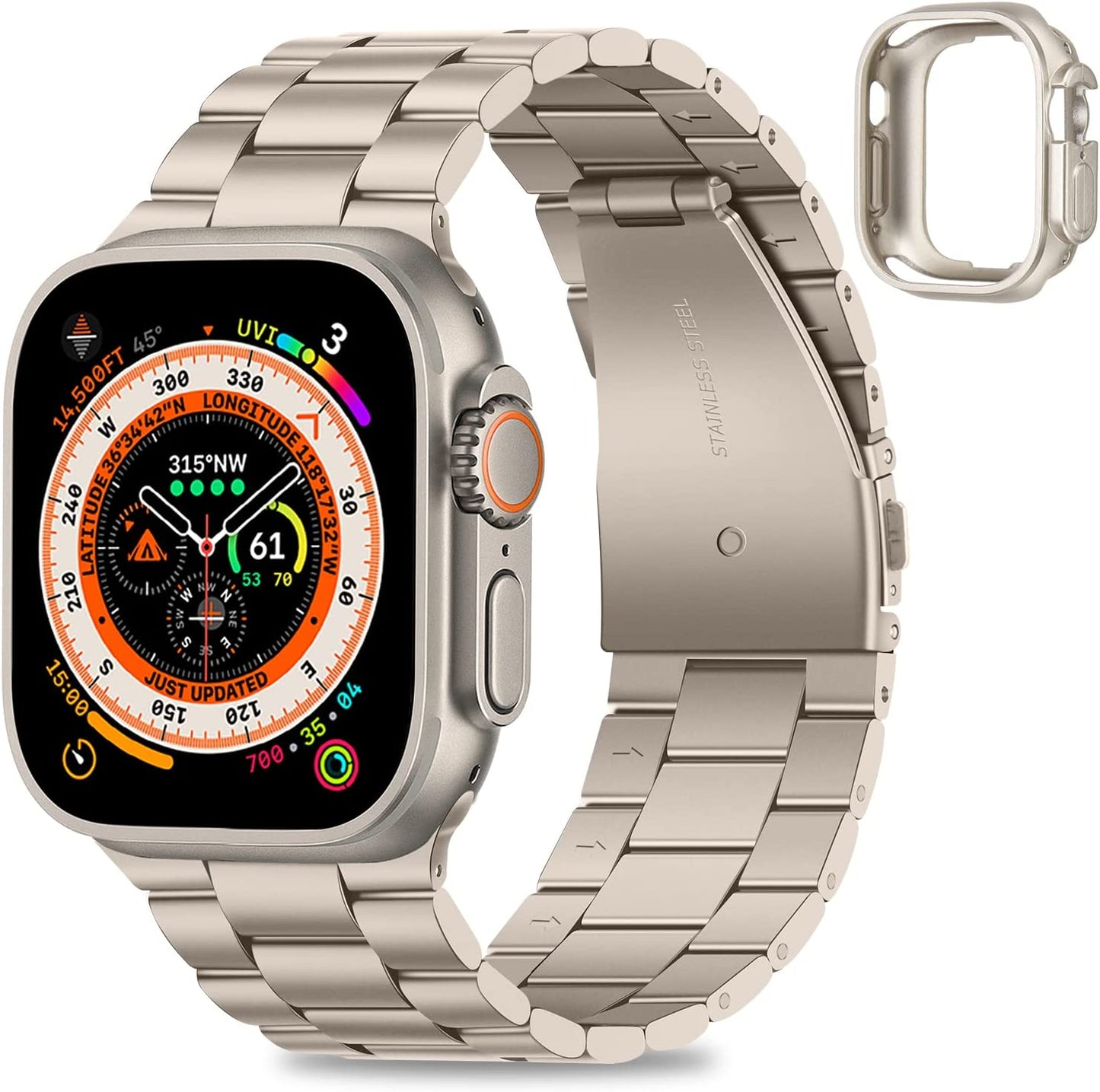 HITZEE Compatible with Apple Watch Band 45Mm 44Mm 42Mm Business Stainless Steel Metal Strap Men Women Link Bands with Case Compatible for Apple Watch SE Series 8 7 6 5 4 3 2 1, 42/44/45Mm Starlight  HITZEE Starlight 49mm/Ultra 