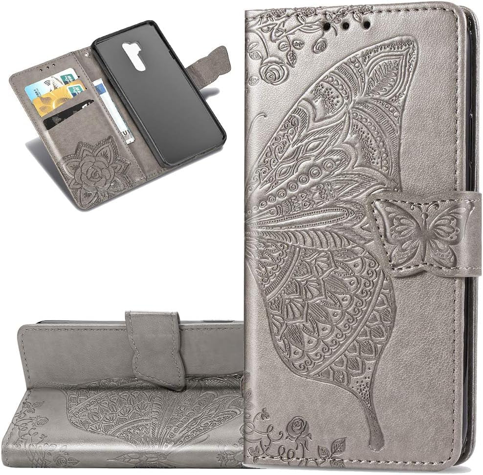 LEECOCO LG G7 Thinq Case Premium PU Leather Flip Wallet Case Butterfly Embossed Full Body Protection Flip Stand Card Holder Magnetic Cover for LG G7 Thinq/Lg G7 One Big Butterfly Light Purple SD  LEECOCOO Sd]Big Butterfly: Gray  