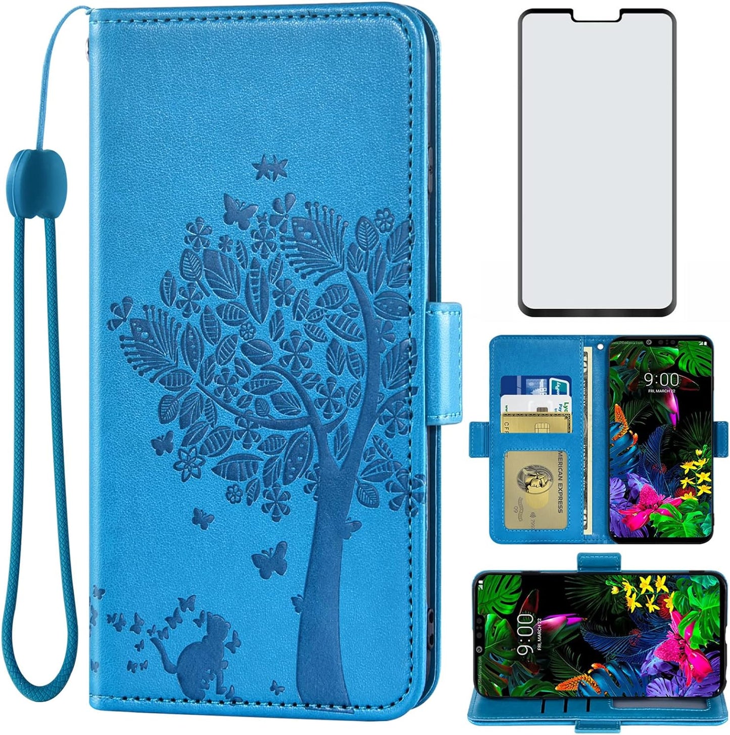 Asuwish Compatible with LG G8 Thinq Wallet Case and Tempered Glass Screen Protector Flip Wrist Strap Card Holder Stand Cell Phone Cover for LGG8 Thin Q G 8 LG8 G8Thinq Lgg8Thinq 8G Women Men Gray  Asuwish Blue  