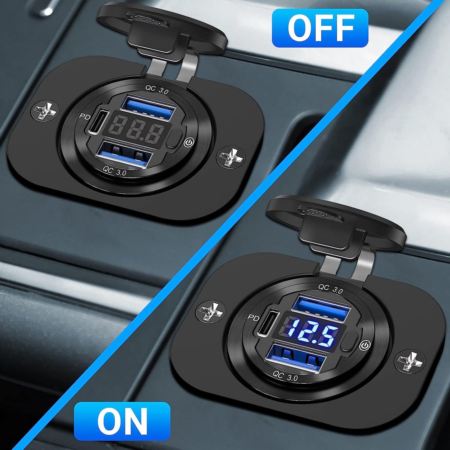 12V USB Car Charger Socket 2 Pack: Upgraded Aluminum Metal 56W 12 Volt USB Outlet PD3.0 20W USB C and Dual QC3.0 18W Multi Car USB Port with LED Voltmeter On/Off Switch for Boat Marine RV Motorcycle  Shenzhen GSG Technology Co.Ltd   