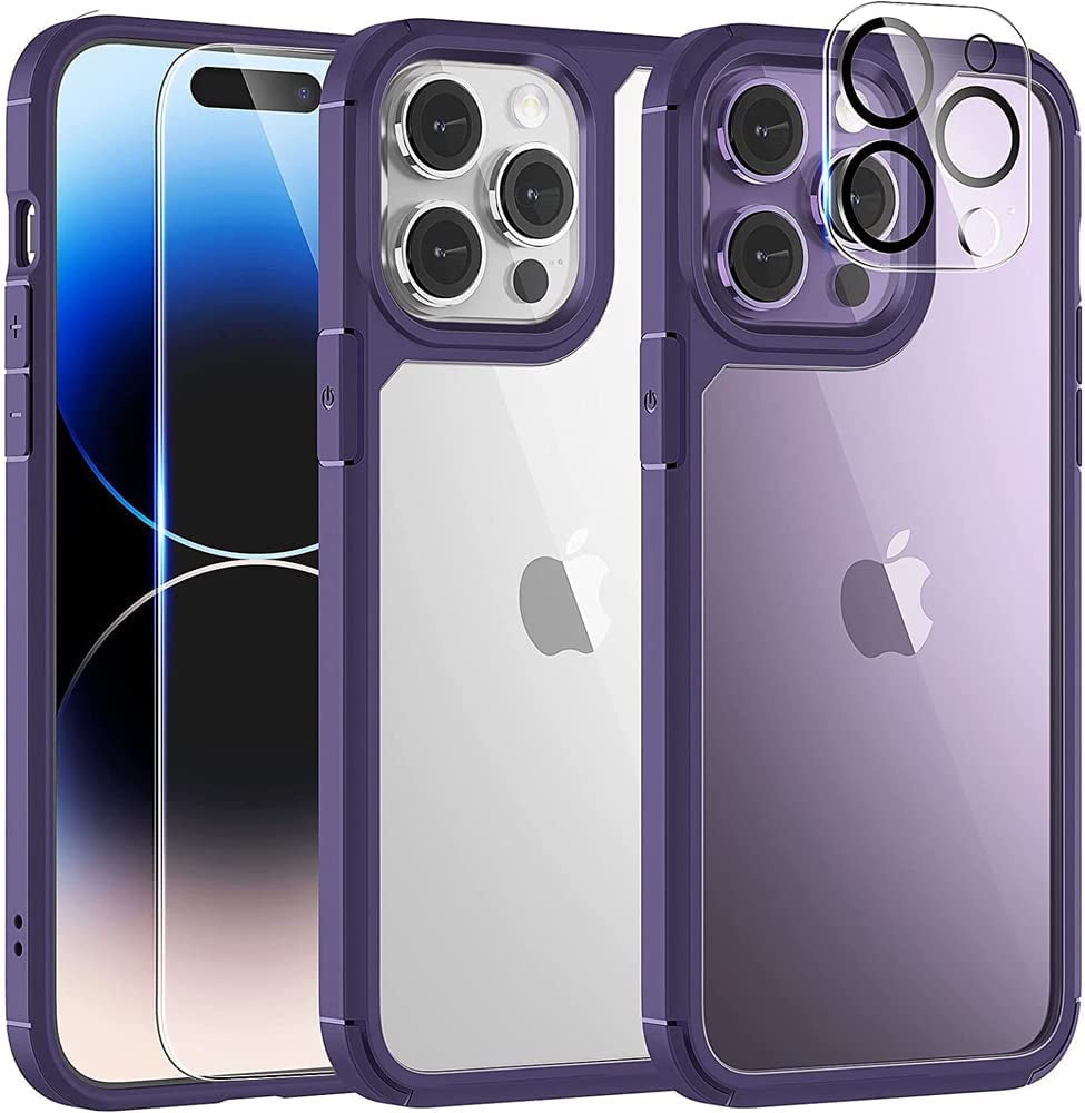 TAURI for Iphone 14 Pro Max Phone Case, [5 in 1] 1X Case [Not-Yellowing] 2X Tempered Glass Screen Protector + 2X Camera Lens Protector, [Military-Grade Drop Protection] Slim Phone Case 6.7 Inch-Green  TAURI Purple  