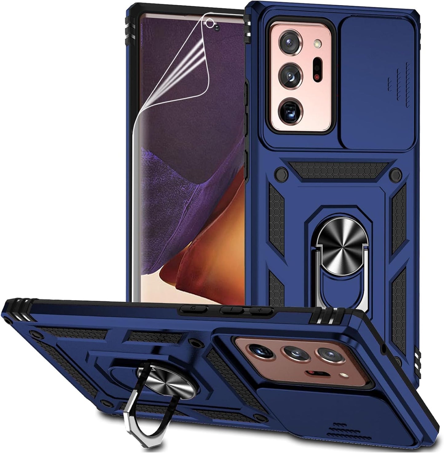 For Samsung Galaxy Note 20 Ultra Case with Camera Lens Cover HD Screen Protector, Military-Grade Drop Tested Magnetic Ring Holder Kickstand Protective Phone Case for Galaxy Note 20 Ultra 5G (Purple)  JINZHI Inc Navy Blue With Camera Cover Military-Grade 2Nd Gen  