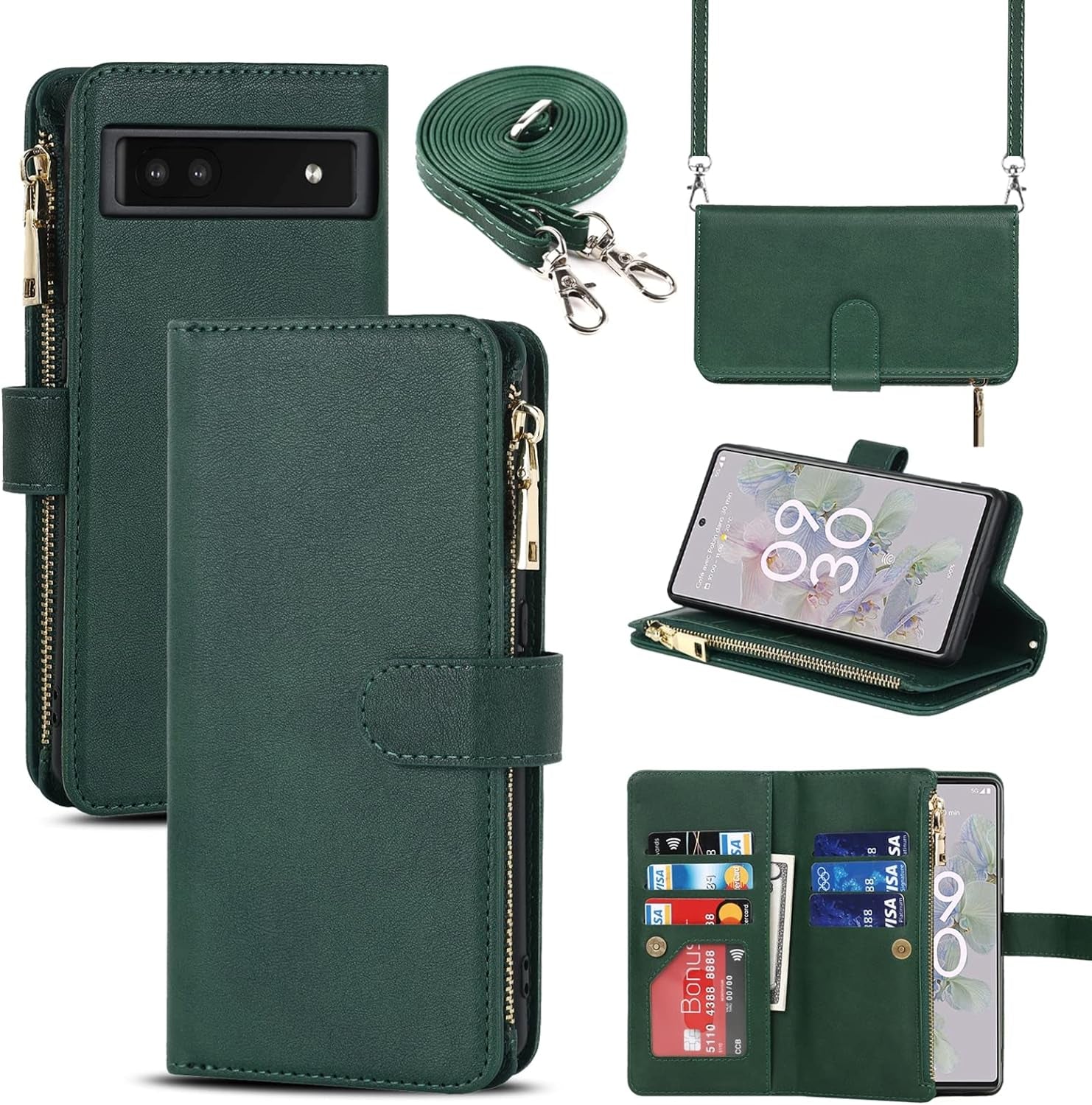 Jaorty Google Pixel 6A Case for Women with Card Holder 6.1" 5G 2022,Google Pixel 6A Phone Case with Strap,Crossbody Lanyard Cases with Credit Card Slots with Stand,Burgundy  Jaorty Dark Green  