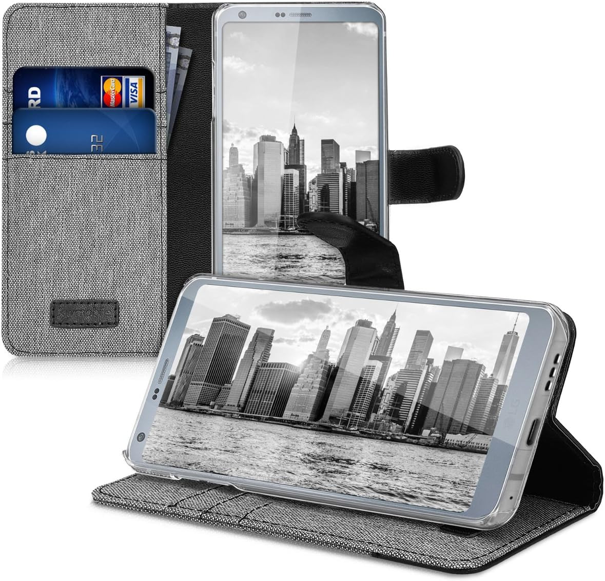 Kwmobile Wallet Case Compatible with LG G6 - Case Fabric and Faux Leather Phone Flip Cover - Grey/Black  KW-Commerce   