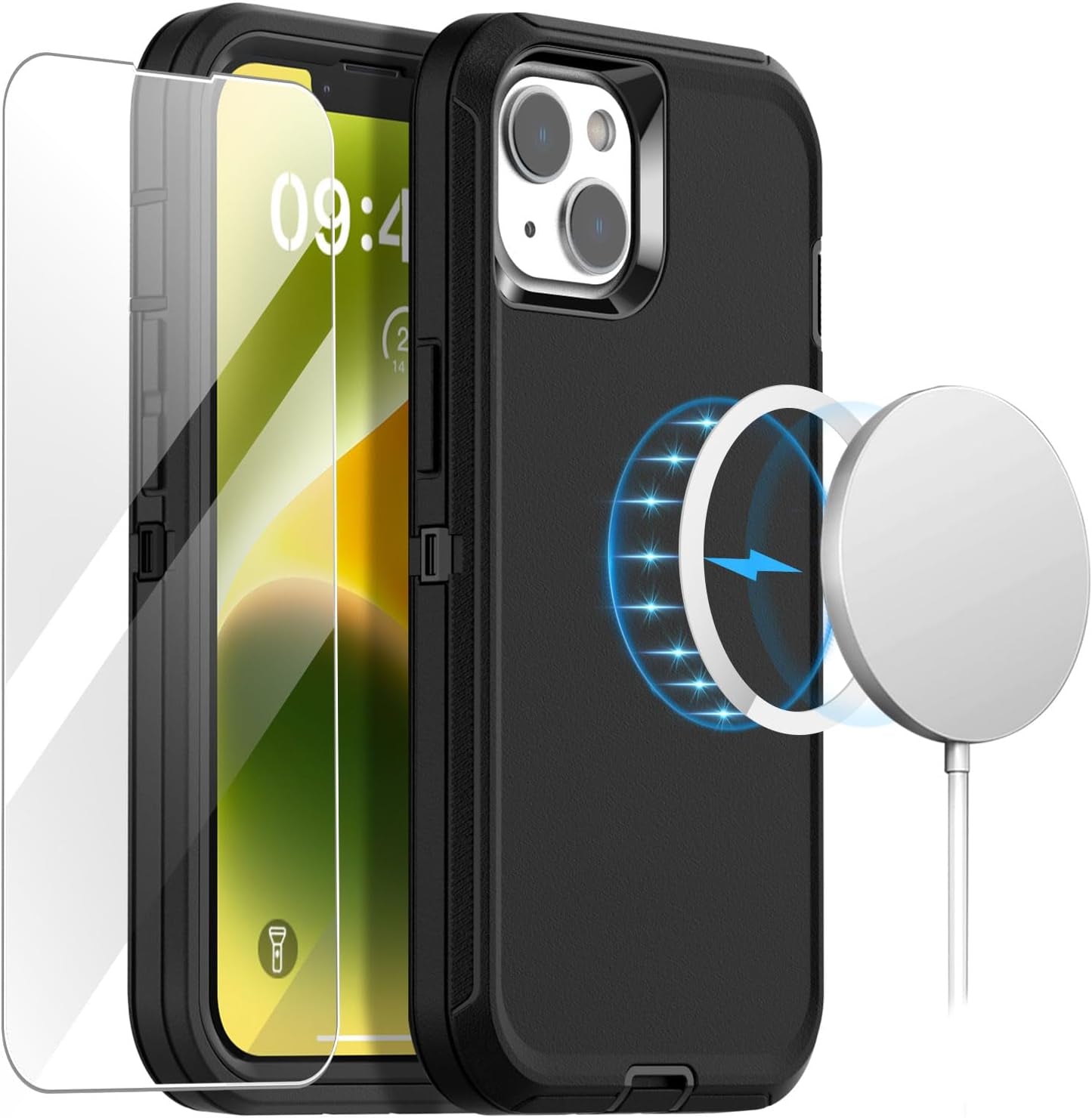 Aicase Magnetic Case for Iphone 14 Plus,Support Magnetic Car Mount Heavy Duty 2-Layer Pocket-Friendly Durable Military Grade Protection Shockproof/Dropproof Protective Cover for Iphone 14 plus 6.7"_1  AICase Black With Magsafe+Glass Protector  