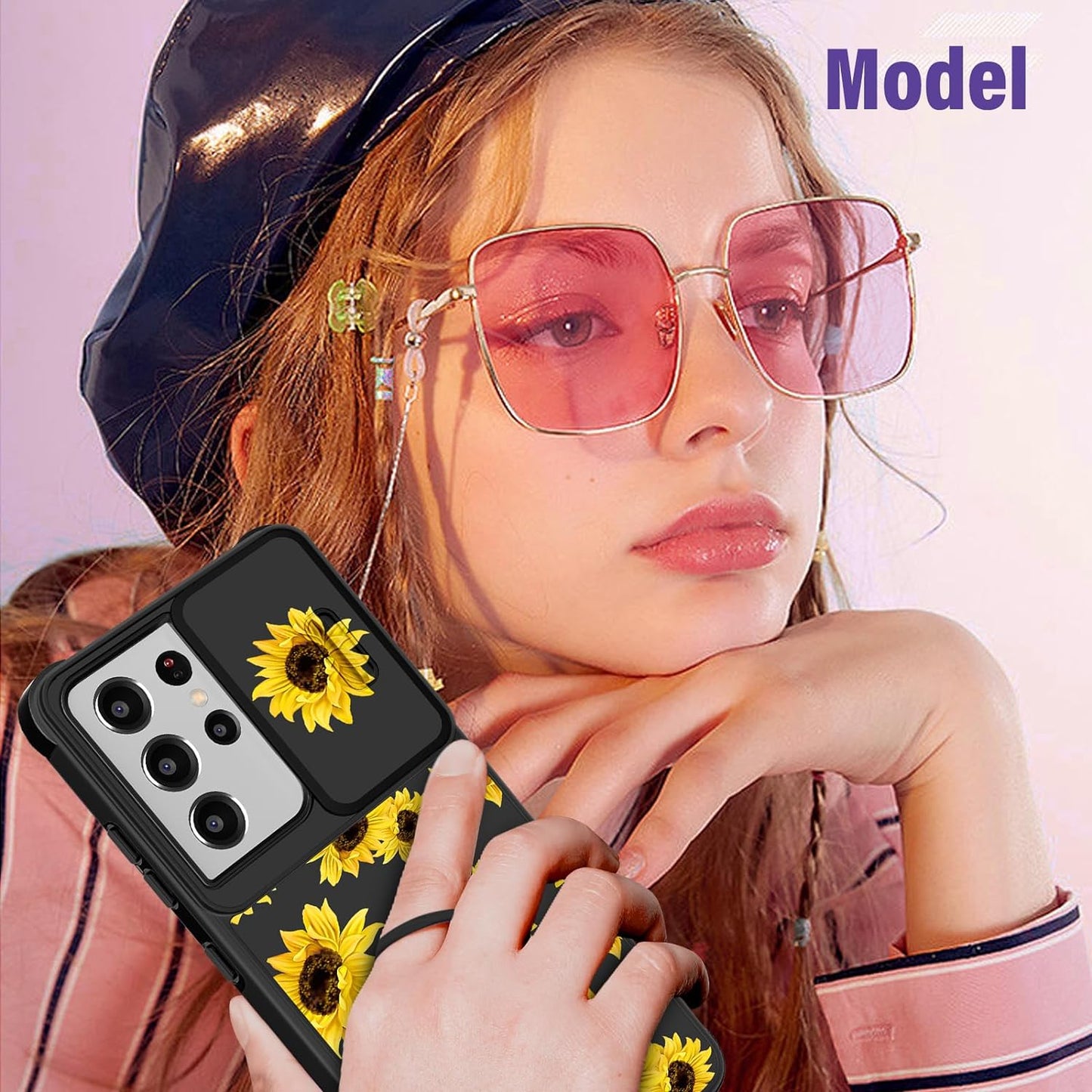 Funermei (2In1 for Samsung Galaxy S21 Ultra Case for Women Sunflower Cute Girls Phone Cover Flowers Floral Girly Sun Flower Black Design with Camera Cover+ Ring Stand for S21 Ultra Case  Funermei   