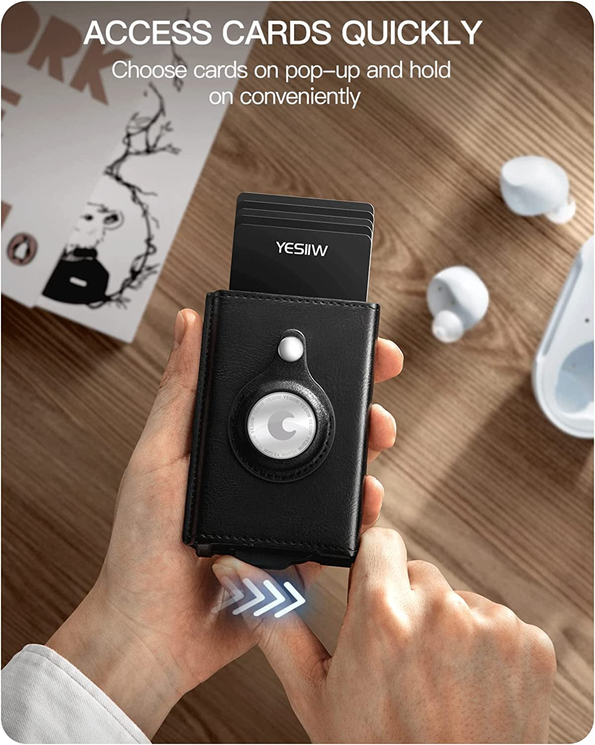 YESIIW Airtag Wallet with Apple Airtag Holder for Men RFID Blocking | Pop up Air Tag Leather Wallet with Money Clip and ID Window | Slim Smart Credit Card Holder Wallet with Airtag Slot Black  YESIIW   