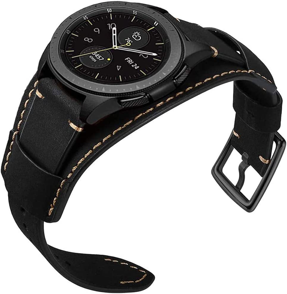 Hepsun Compatible with Samsung Galaxy Watch 5/Watch 4/Watch 42Mm/Watch 3 41Mm/Active 40Mm/Active 2/Gear S2 Classic/Sport /Fossil Q Gazer/Ticwatch 2/Garmin Vivoactive 3 Bands, 20Mm Vintage Cuff Genuine Leather Band Strap for Men Women (Black)  Hepsun   