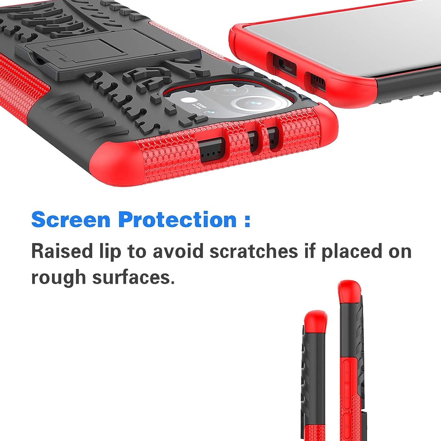 Phone Case for Xiaomi Mi 11 5G with Tempered Glass Screen Protector Cover and Stand Kickstand Slim Hard Rugged Hybrid Protective Cell Accessories Mi11 G5 Cases Men Boys Women Girls Kids Black Red  Asuwish   