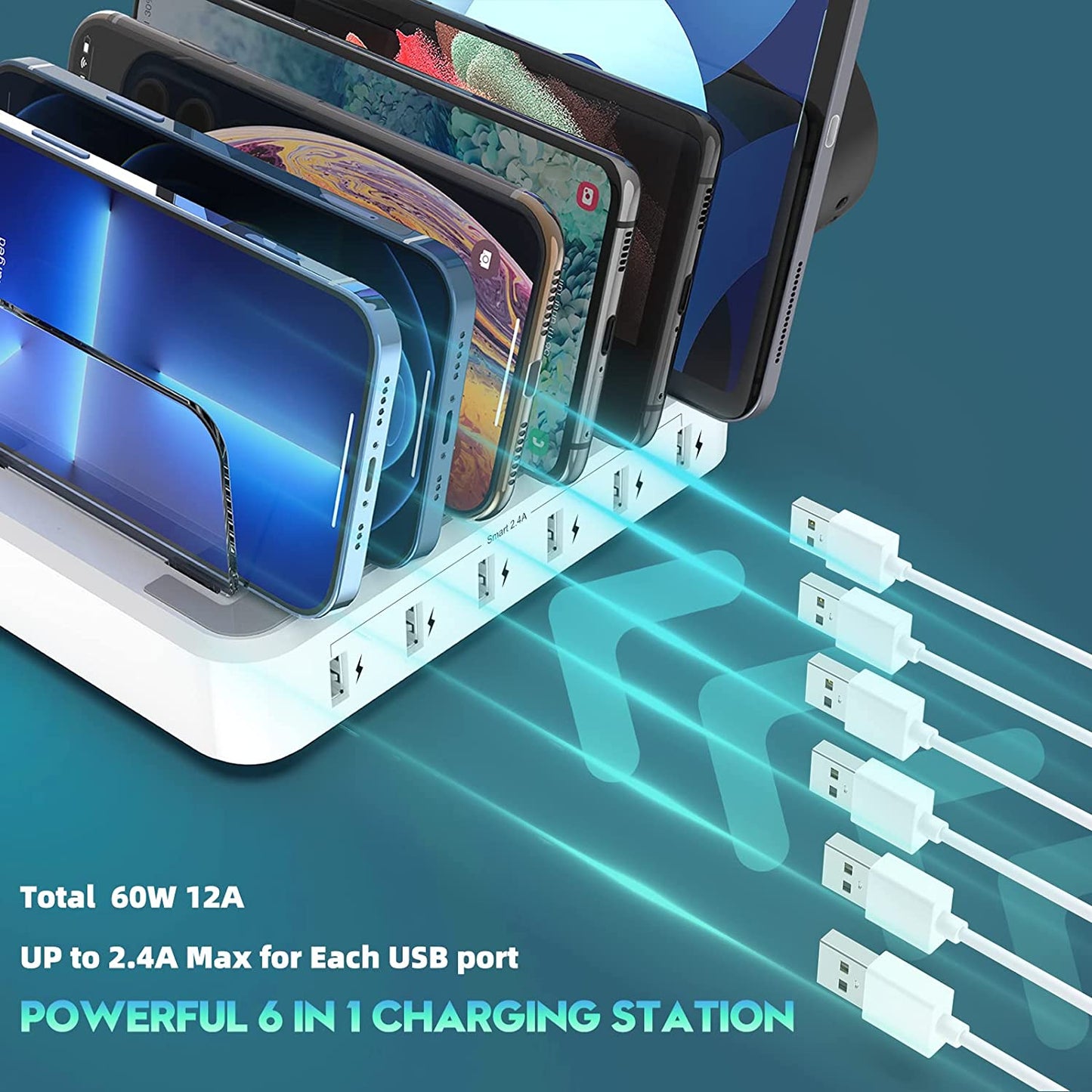 Charging Station for Multiple Devices,60W 12A 6 Port USB Charging Station Organizer with 7 Mixed Cables and Iwatch Charger Holder,Compatible with Cellphone,Tablet, Kindle, Iphone Ipad and More  Chongqing Huixian shangmao youxiangongsi   
