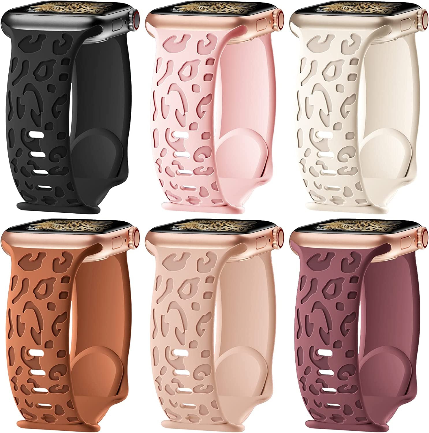 6 Pack Leopard Engraved Bands Compatible with Apple Watch Band 40Mm 44Mm 38Mm 45Mm 49Mm 42Mm Women Men,Waterproof Cheetah Sport Silicone Strap Wristbands for Iwatch SE Ultra Series 8 7 6 5 4 3 2 1  HEARTBOOM   